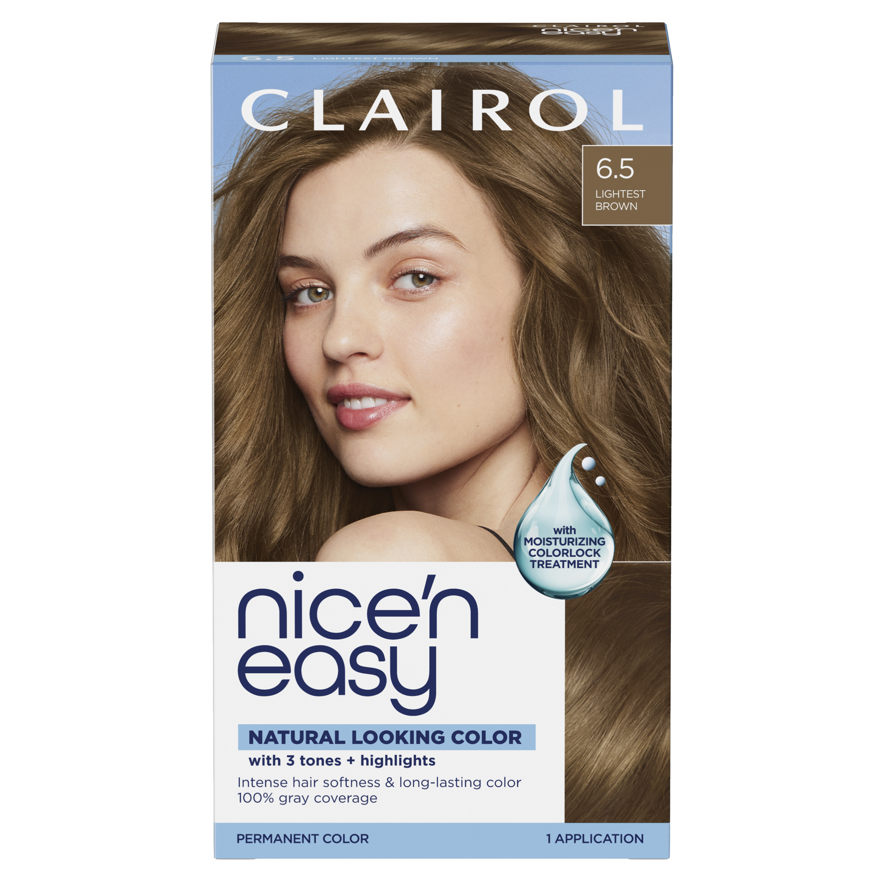 Clairol Nice'n Easy Permanent Hair Dye, 6.5 Lightest Brown, 1 kit