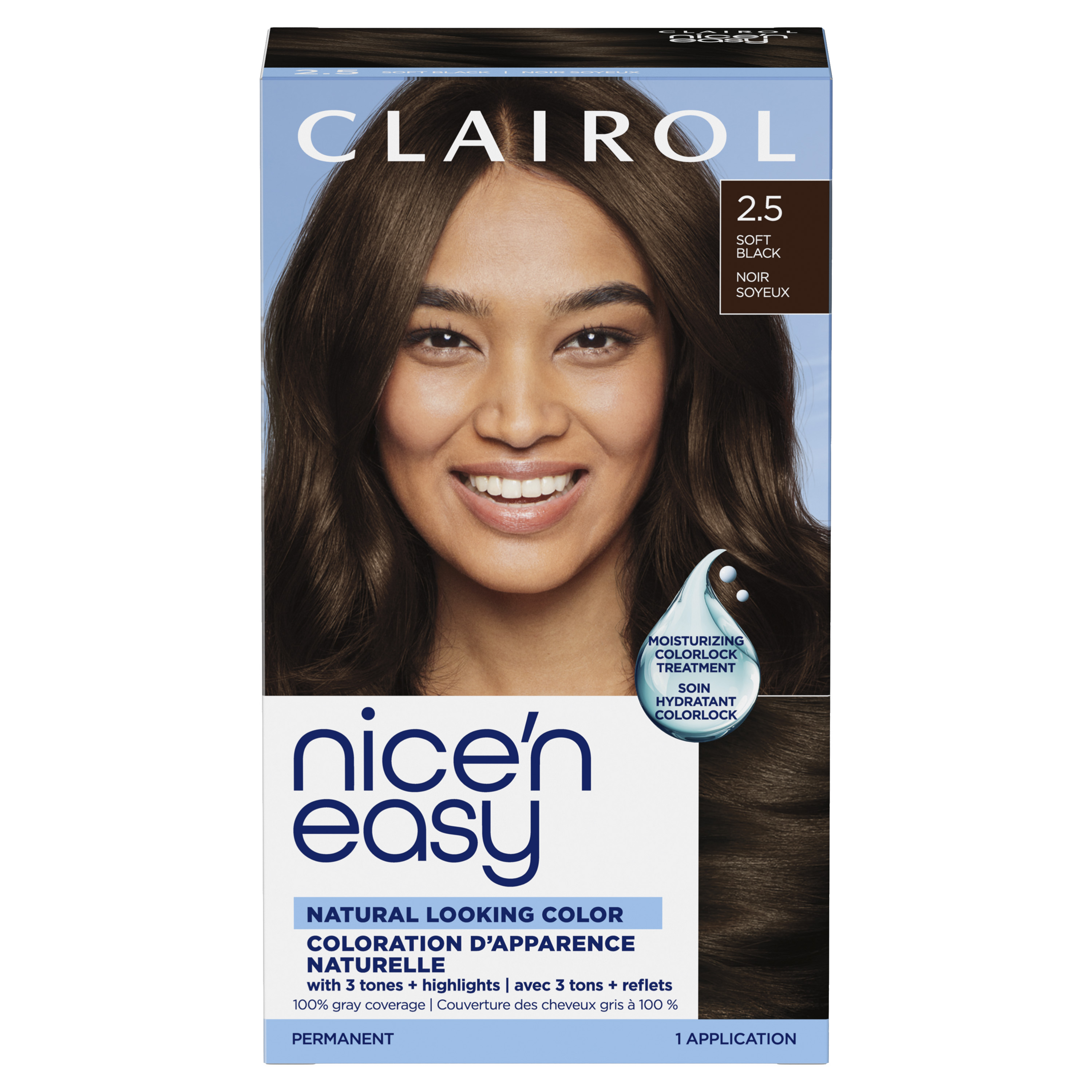 Clairol Nice'n Easy Permanent Hair Dye, 2.5 Soft Black, 1 kit
