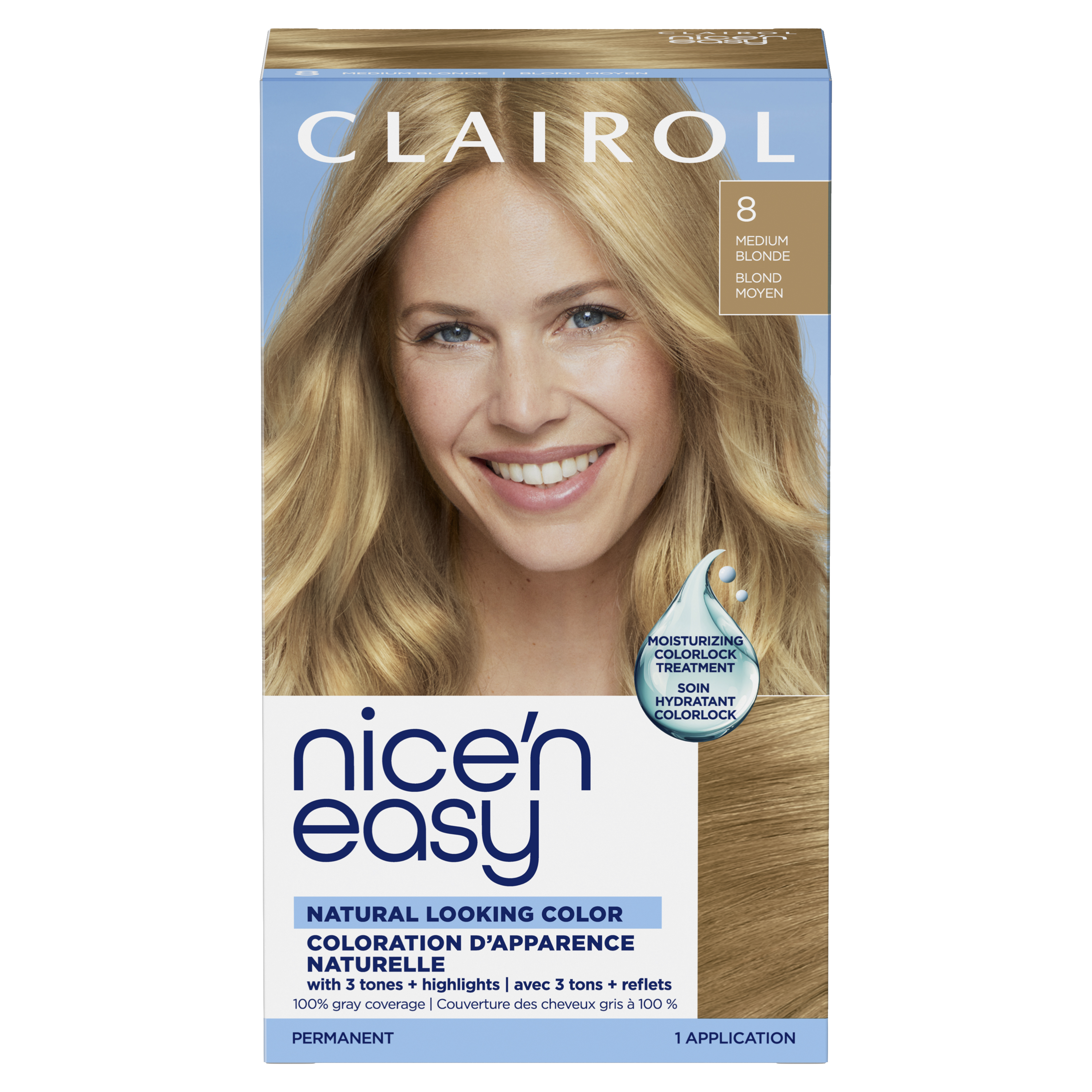 Clairol Nice'n Easy Permanent Hair Dye, 8 Medium Blonde, 1 kit