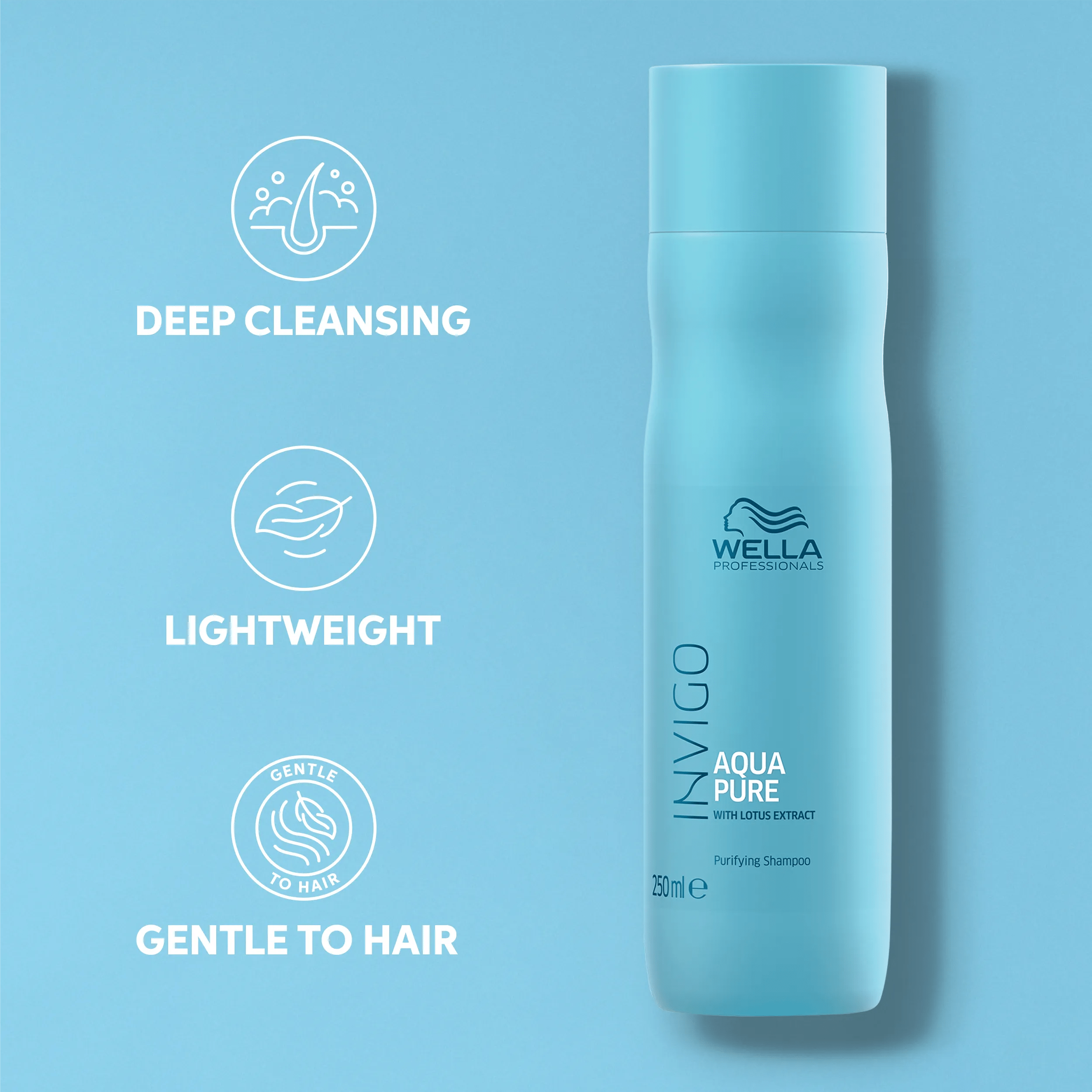 Pack of Invigo Aqua Purifying Shampoo with text highlighting its benefits: deep cleansing, lightweight, and gentle to hair.
