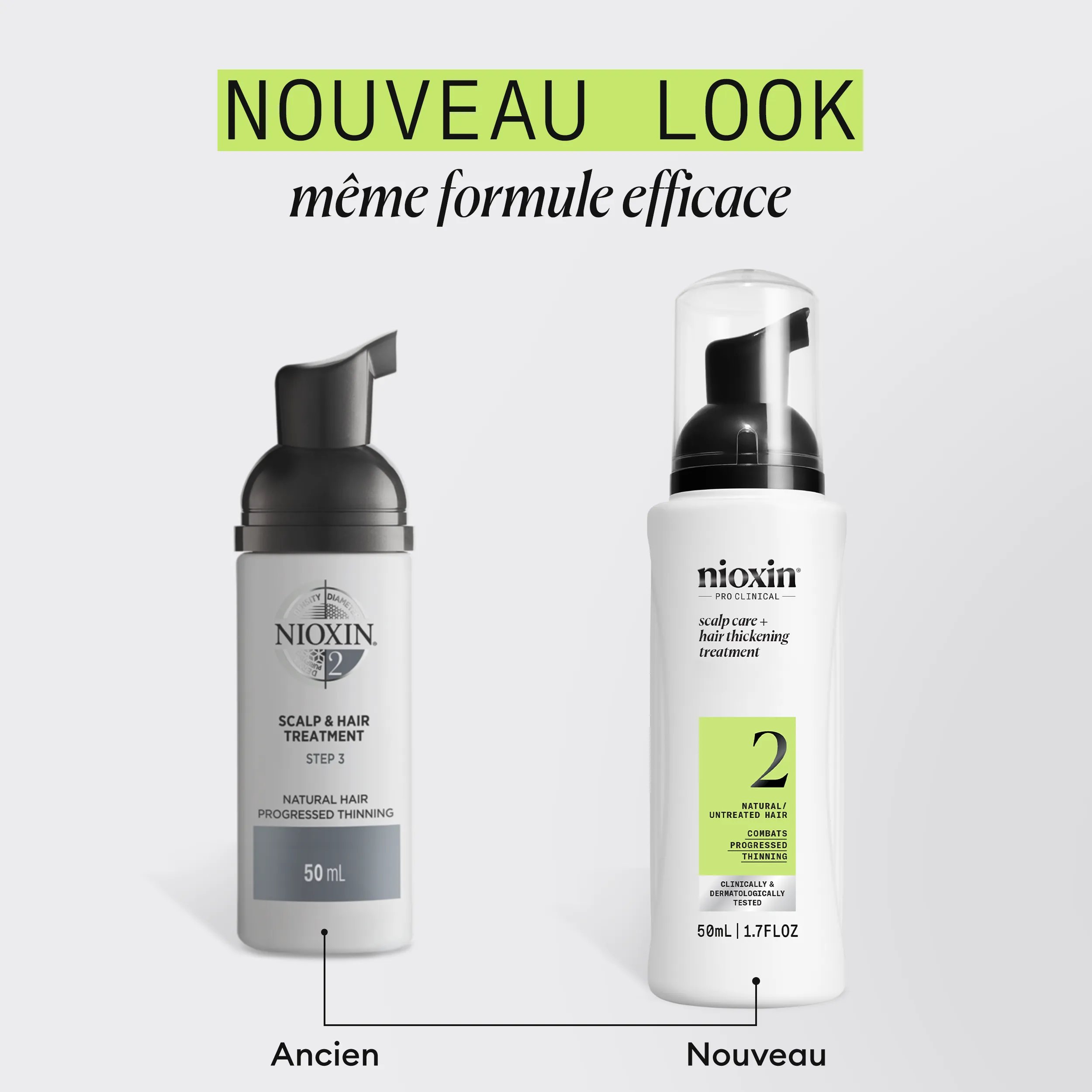 Nioxin scalp and hair thickening treatment old and new bottle side by side comparison