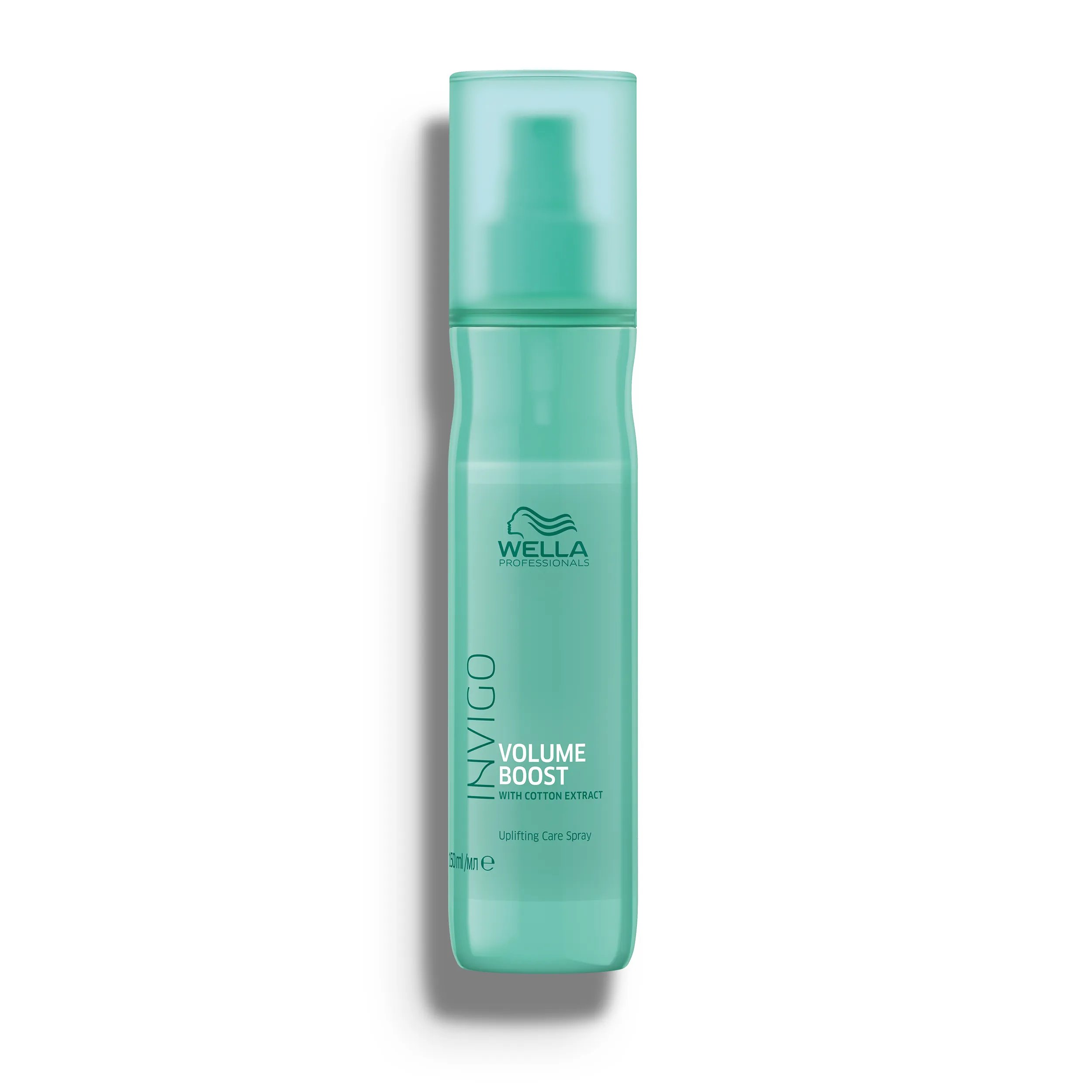 Image of a teal Wella Professionals Invigo Volume Boost Bodifying Care Spray bottle.