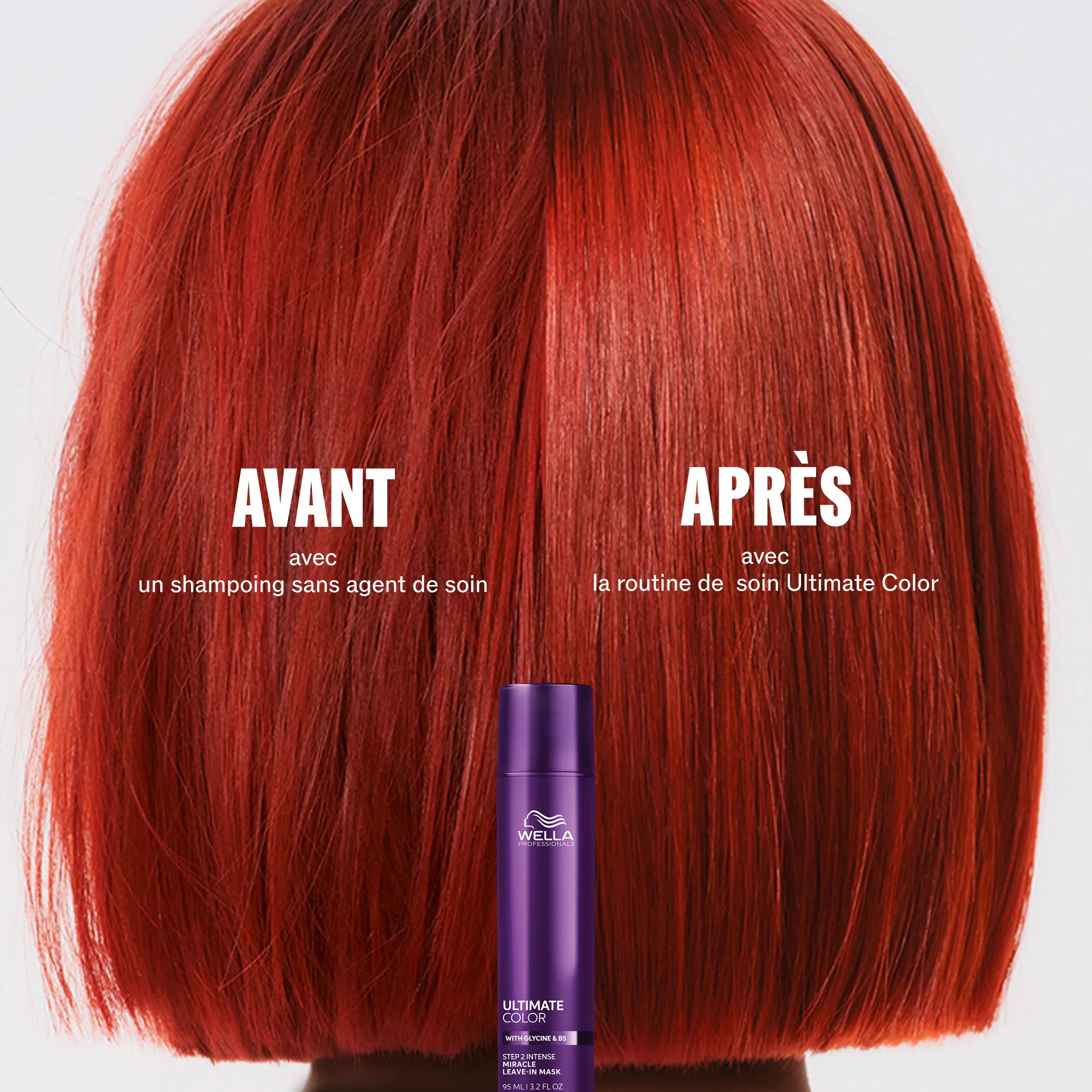 Image comparative d’un mannequin aux cheveux courts et rouges avant et après l’utilisation de la gamme Ultimate Color. Le texte superposé à gauche indique : « Avant avec un shampoing sans agents de soin» et à droite : « Après avec le rituel Ultimate Color ». Le flacon du Masque sans rinçage Ultimate Color Miracle est placé au centre.