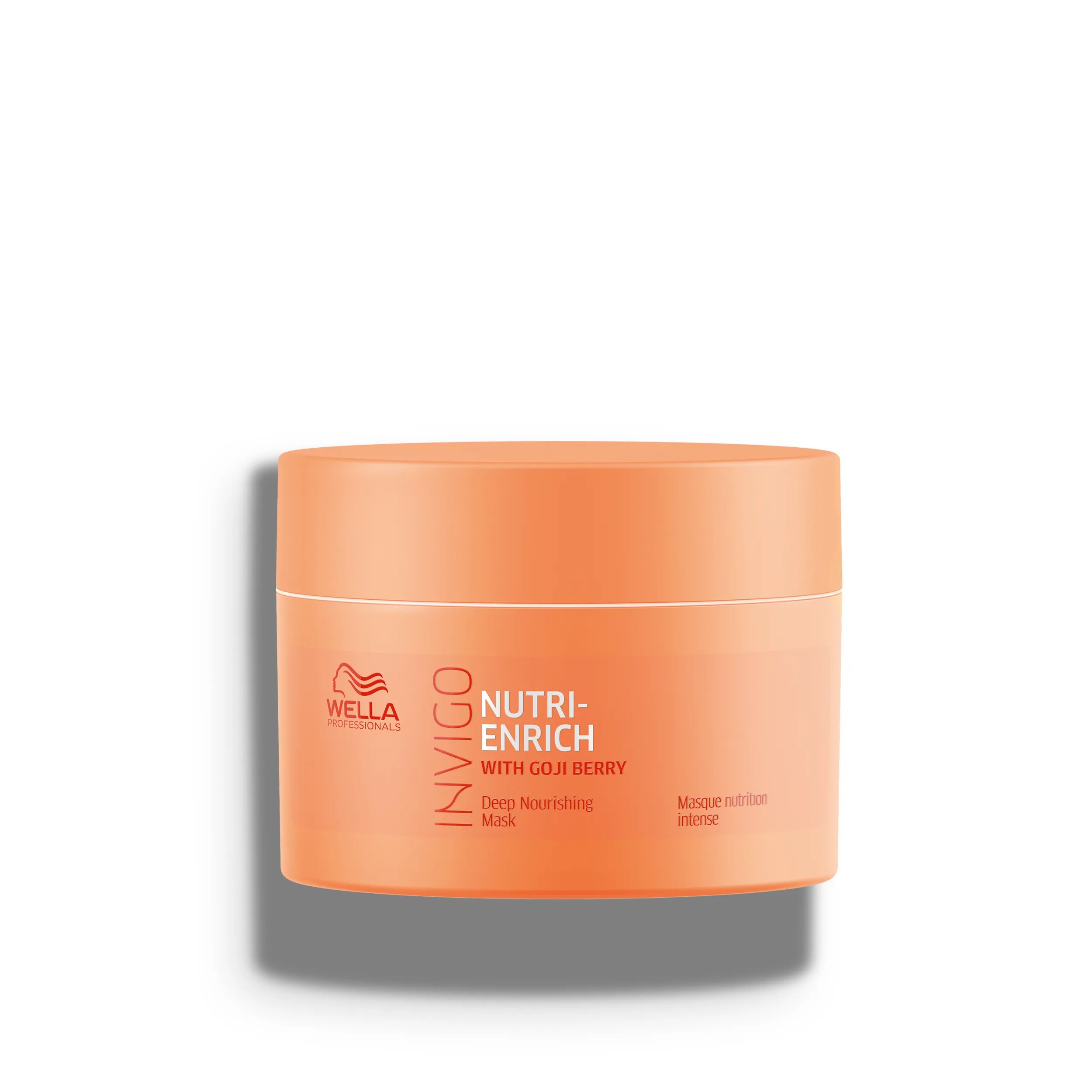 Packshot of Wella Professionals Invigo Nutri-Enrich Deep Nourishing Mask - a peachy orange tub with white and red font and a red Wella logo.