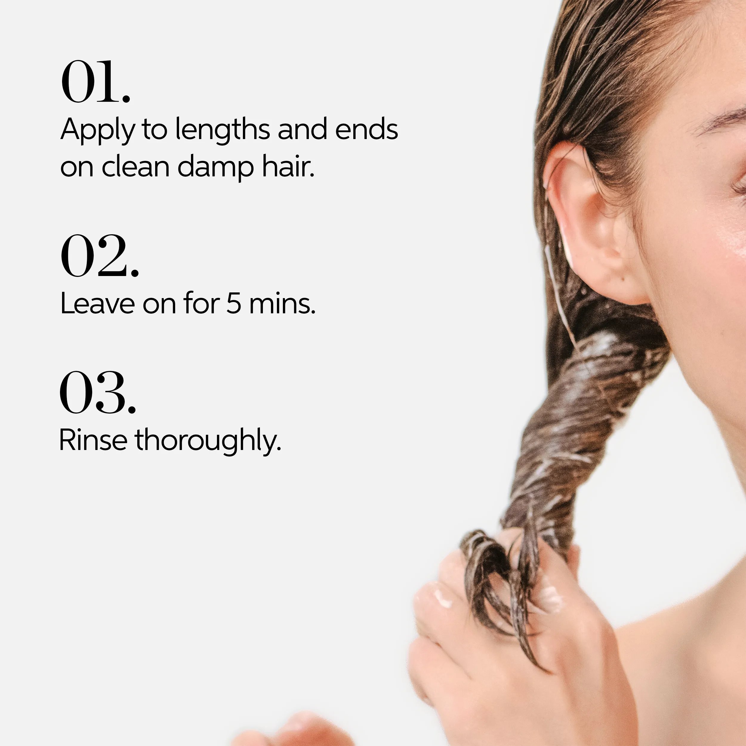 Image displaying a woman washing her hair with numbered instructions: apply to wet hair, massage and lather, rinse and repeat.