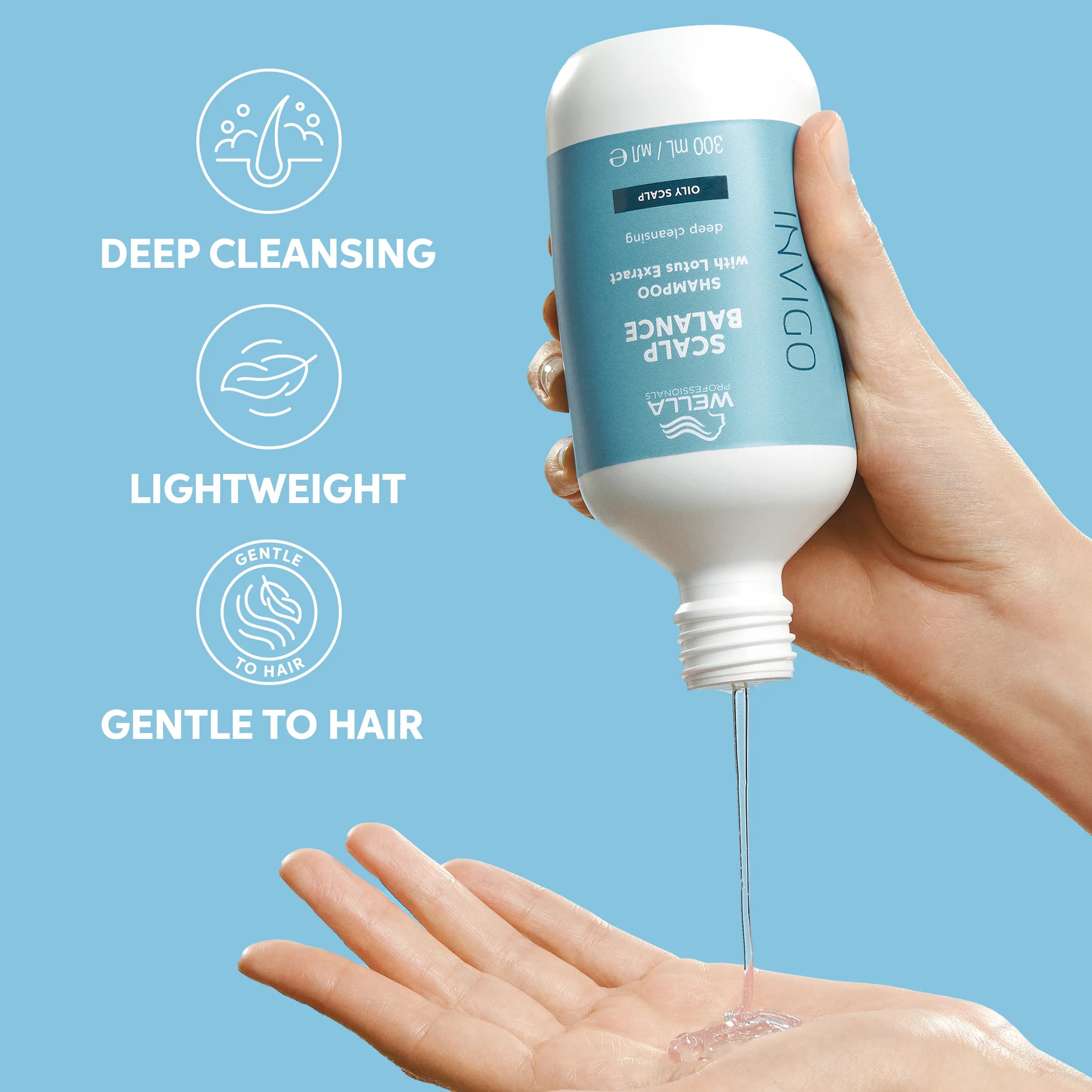 Photograph of a  hand with a bottle of Invigo scalp balance  Shampoo beside text which says 'deep cleansing, gentle to skin, lightweight'.