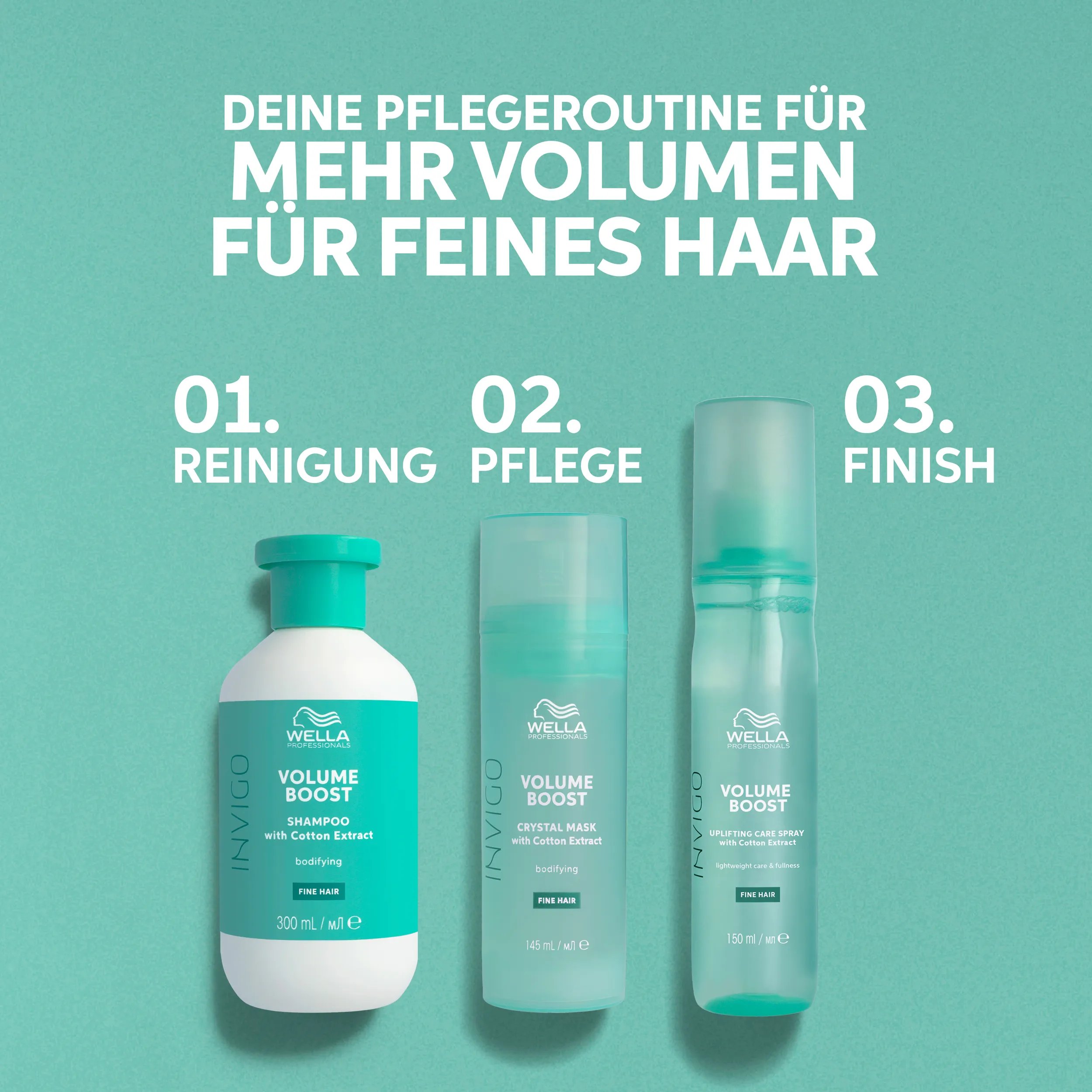 Bild, das eine dreistufige Wella Invigo Volume Boost-Pflege für feines Haar zeigt: Mit Shampoo waschen, mit Maske pflegen, mit Pflegespray fertig stylen.
