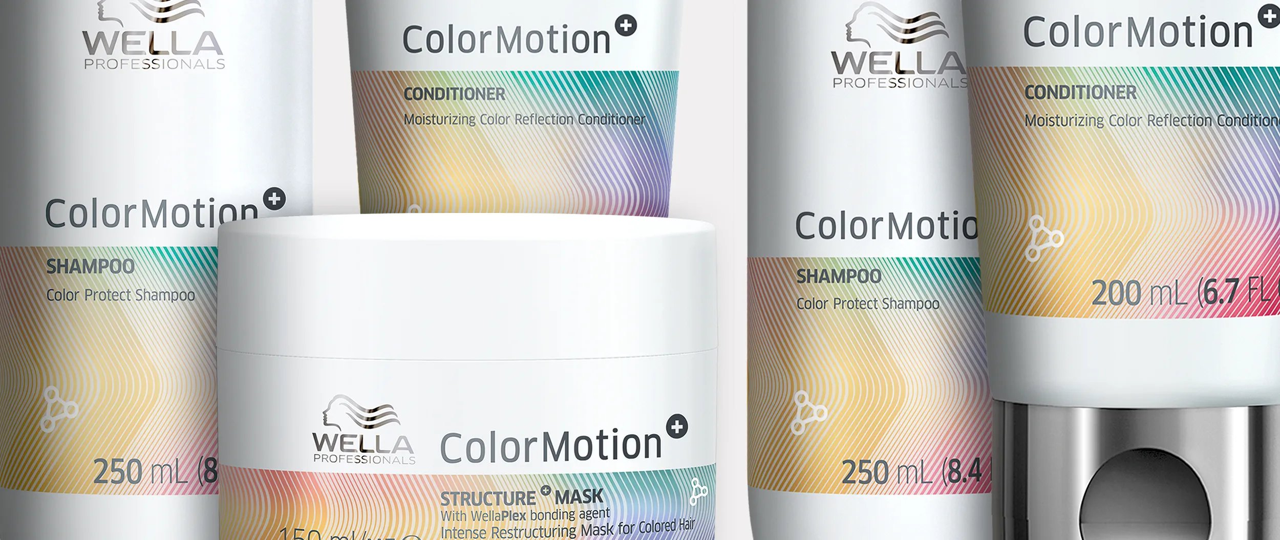 Image shows a collection of Wella ColorMotion+ shampoo, conditioner, and mask products.