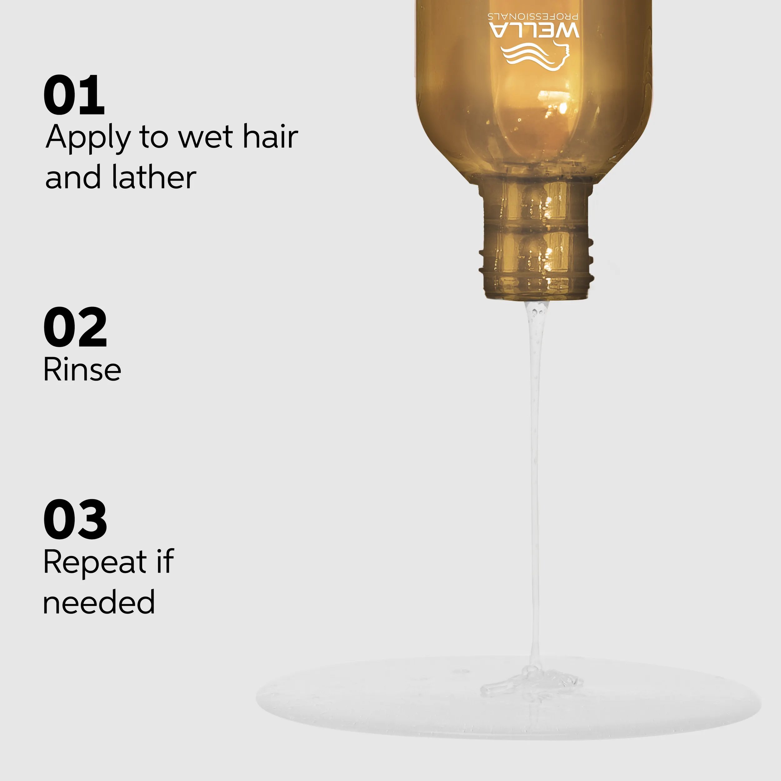 Image listing the steps needed to use Wella Professionals Ultimate Smooth Shampoo. Steps read apply water to wet hair and lather, rinse, repeat if needed.