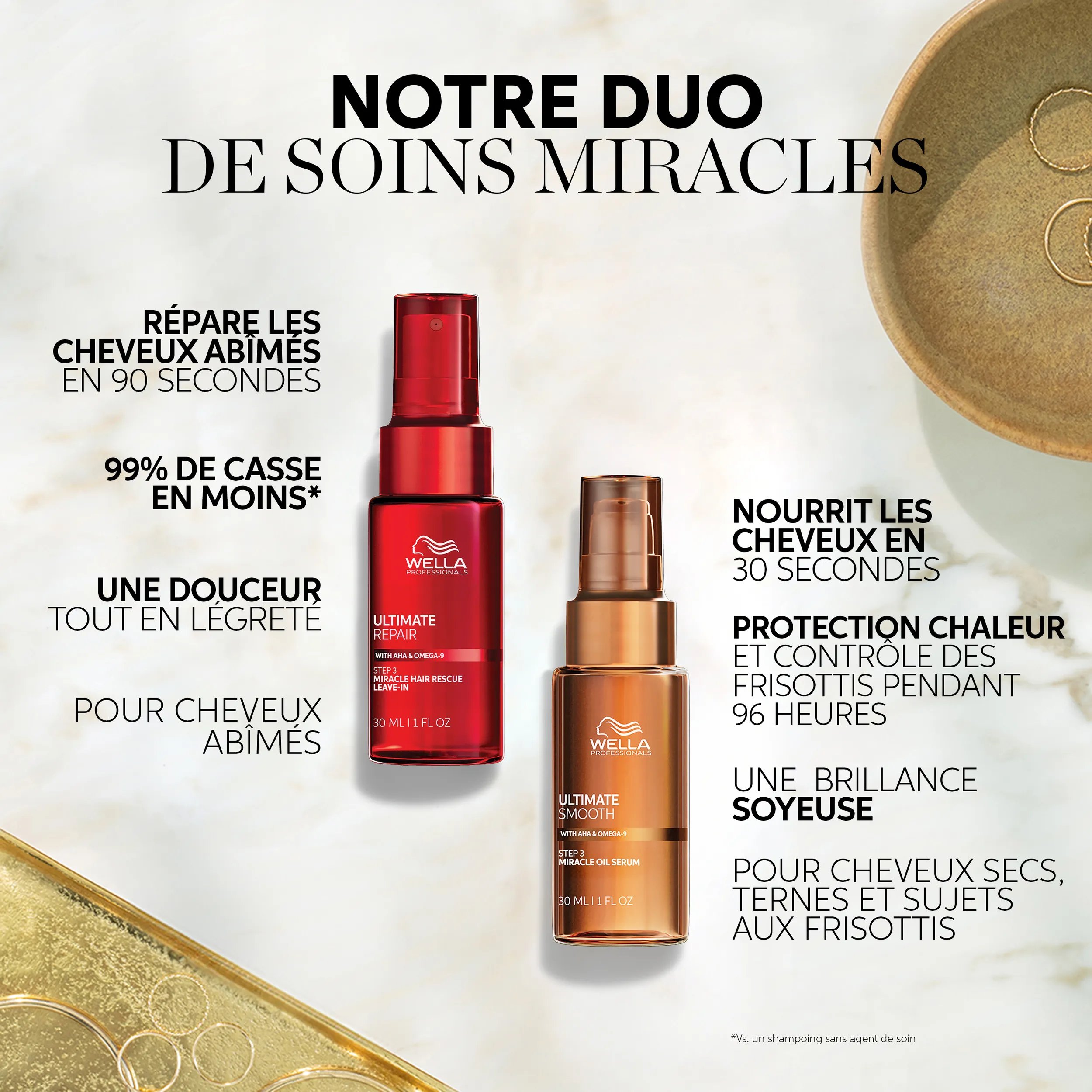 Packshot de Ultimate Repair Leave-in et Ultimate Smooth oil serum. Le texte se lit comme suit : voici notre duo miraculeux.
