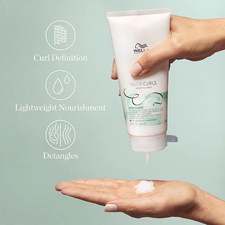 Image of Wella Professionals NutriCurls Waves & Curls detangling Conditioner tube, highlighting "detangles," "Curl Definition," and " lightweight Nourishment" benefits.