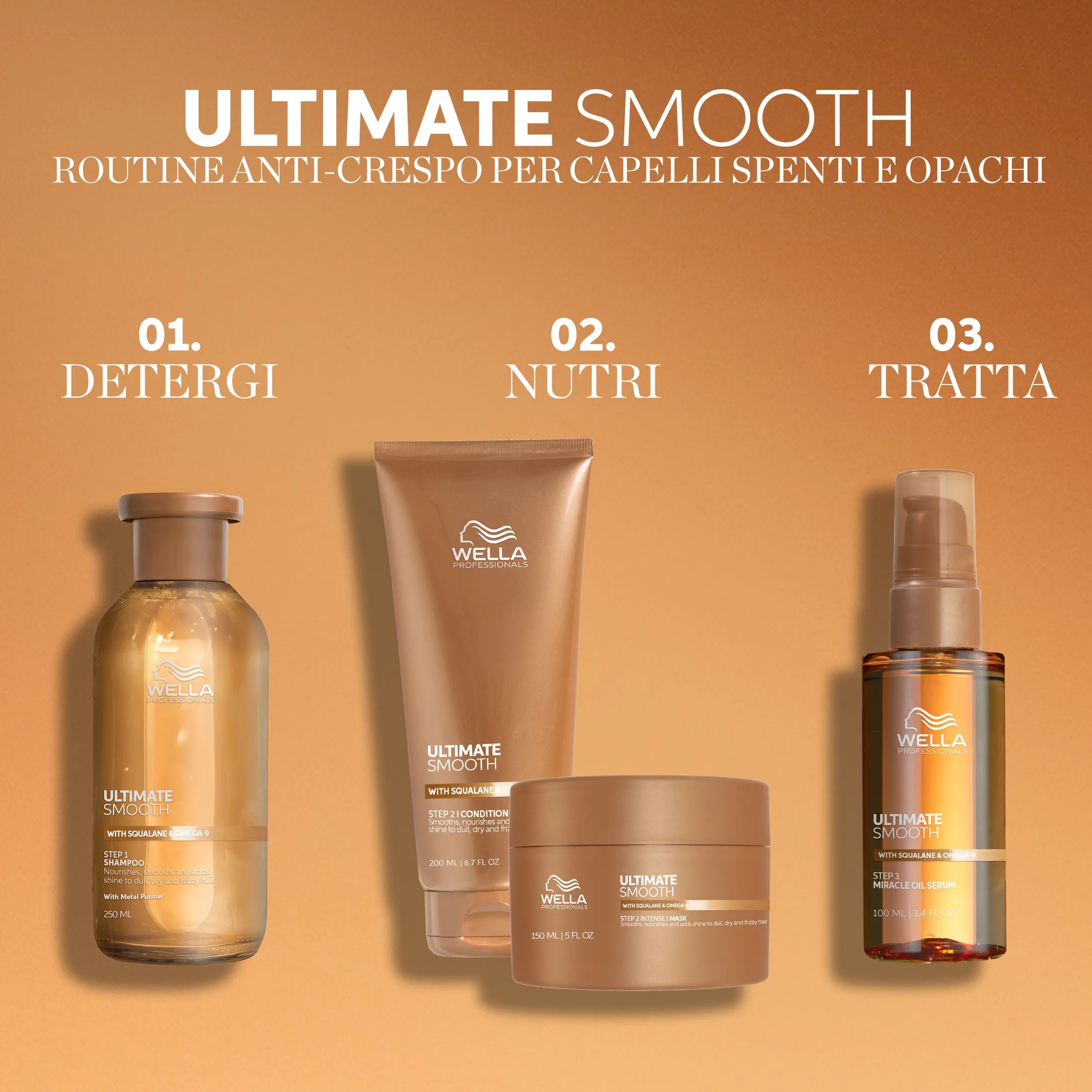 Guida Step by step al trattamento dei capelli crespi, secchi e opachi con l'uso dei prodotti Wella Ultimate Smooth. Le fasi dicono: Detergi, Condiziona e Tratta.