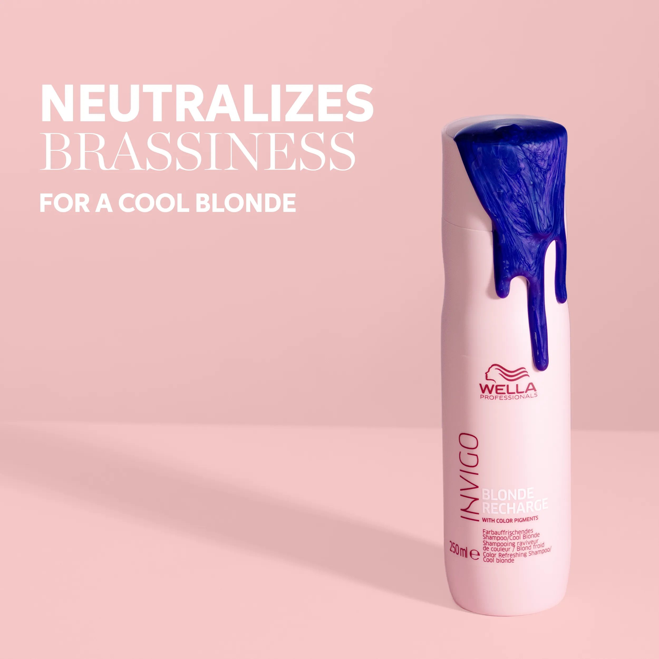 Packshot of Invigo Blonde Recharge Shampoo with text: 'Neutralizes brassiness for a cool blonde'