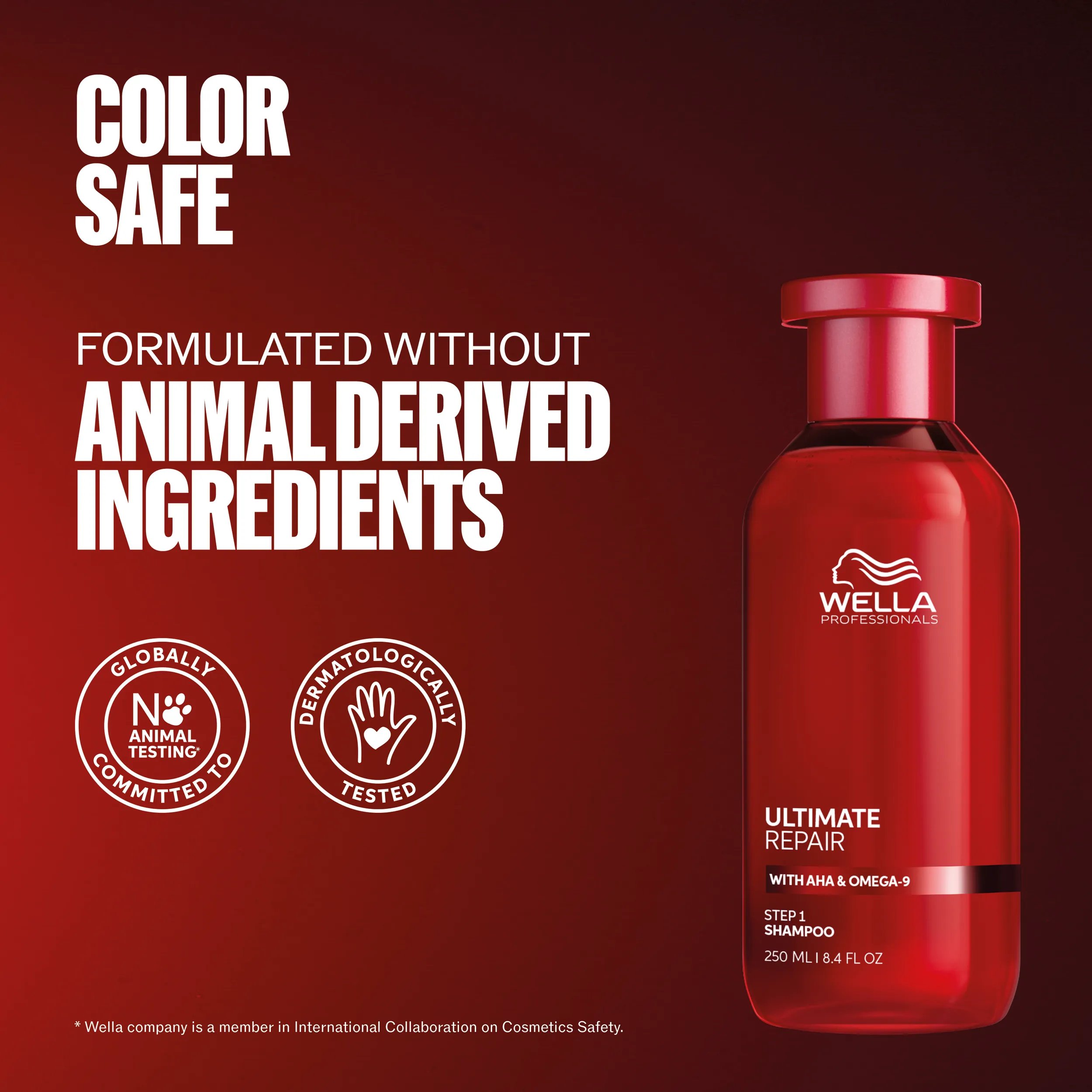 Packshot of Ultimate Repair Shampoo. Text reads color safe, formulated without animal derived ingredients.