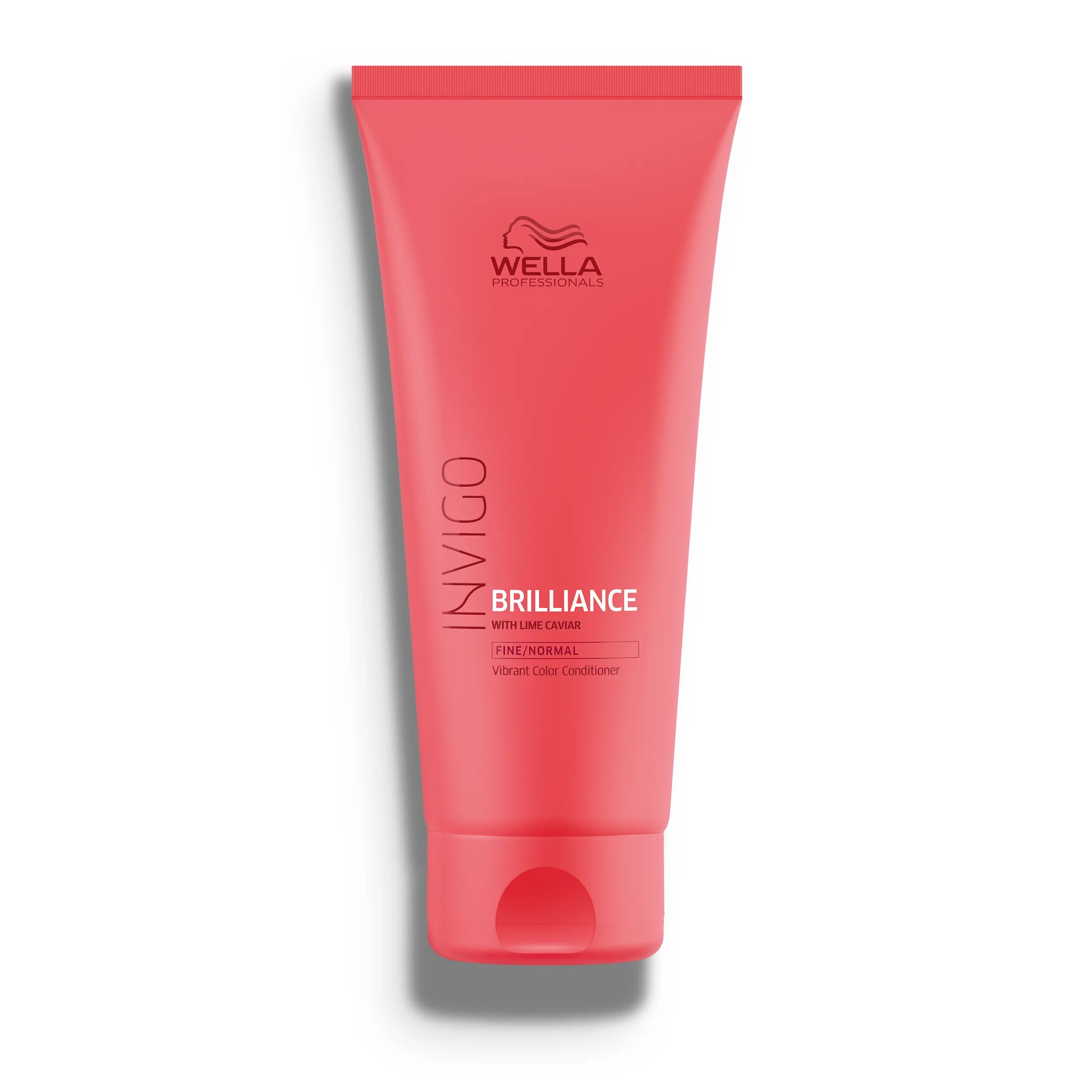 Packshot of Wella Professionals Invigo Brilliance Vibrant Color Conditioner for fine/normal hair - a red bottle with white font and a darker red Wella logo.