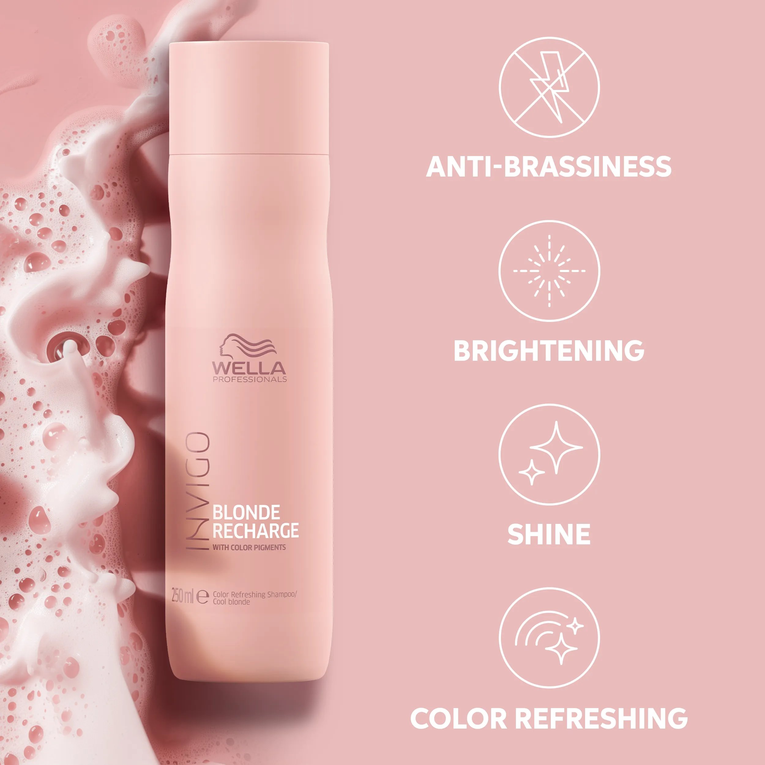 Packshot of Invigo Blonde Recharge Shampoo with text: 'anti-brassiness, brightening, shine, color refreshing'