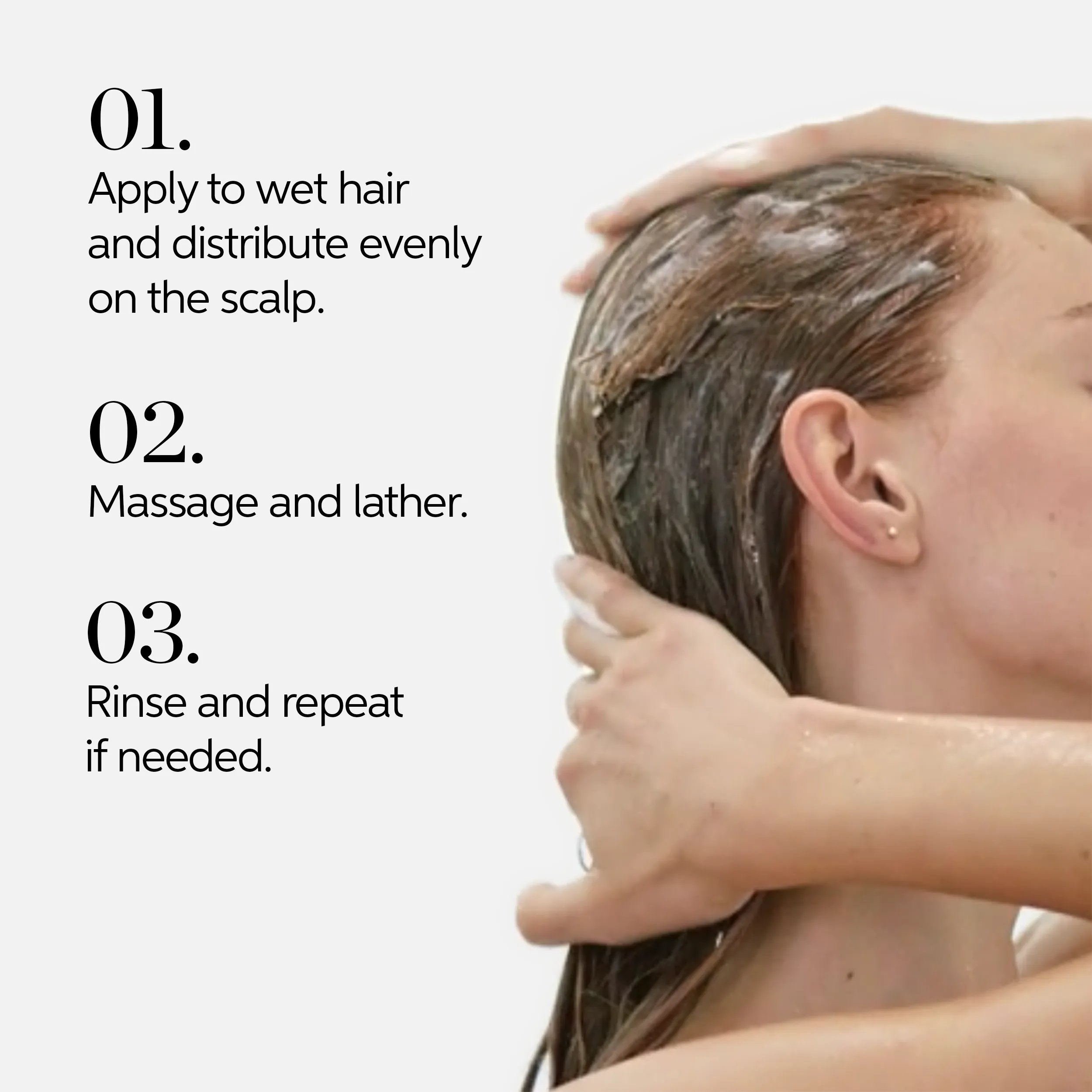 A woman is shown washing her hair while text outlines the process: Apply shampoo to wet hair and distribute evenly, Massage and lather, Rinse and repeat if needed.