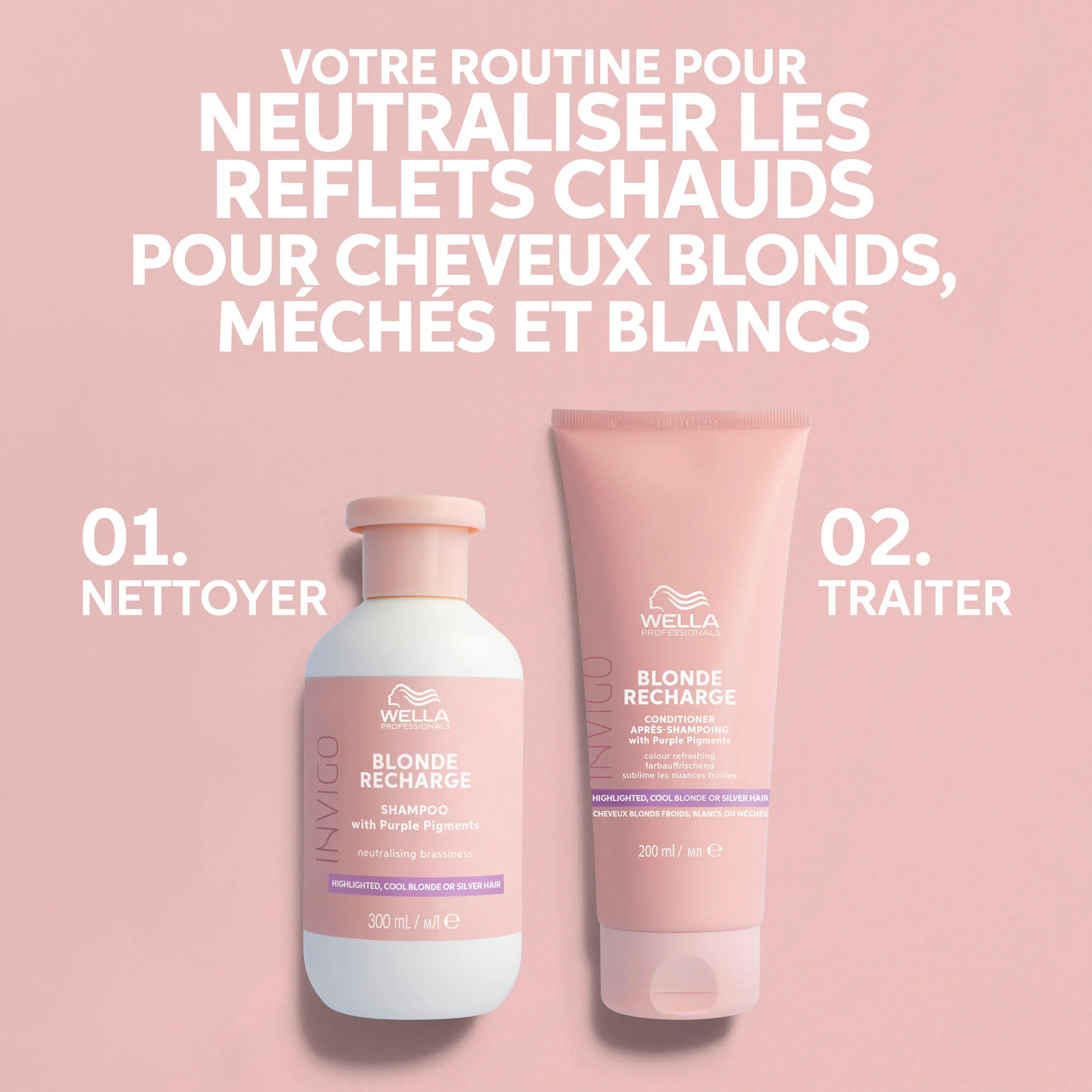 Texte indiquant « Votre routine pour neutraliser les reflets cuivrés des cheveux blonds froids, méchés ou argentés ». Des photos des 2 produits Invigo Blonde recharge sont incluses en 2 étapes : étape 1 - nettoyer avec le shampooing Invigo Blonde recharge. Étape 2 - revitaliser avec l'après-shampooing.
