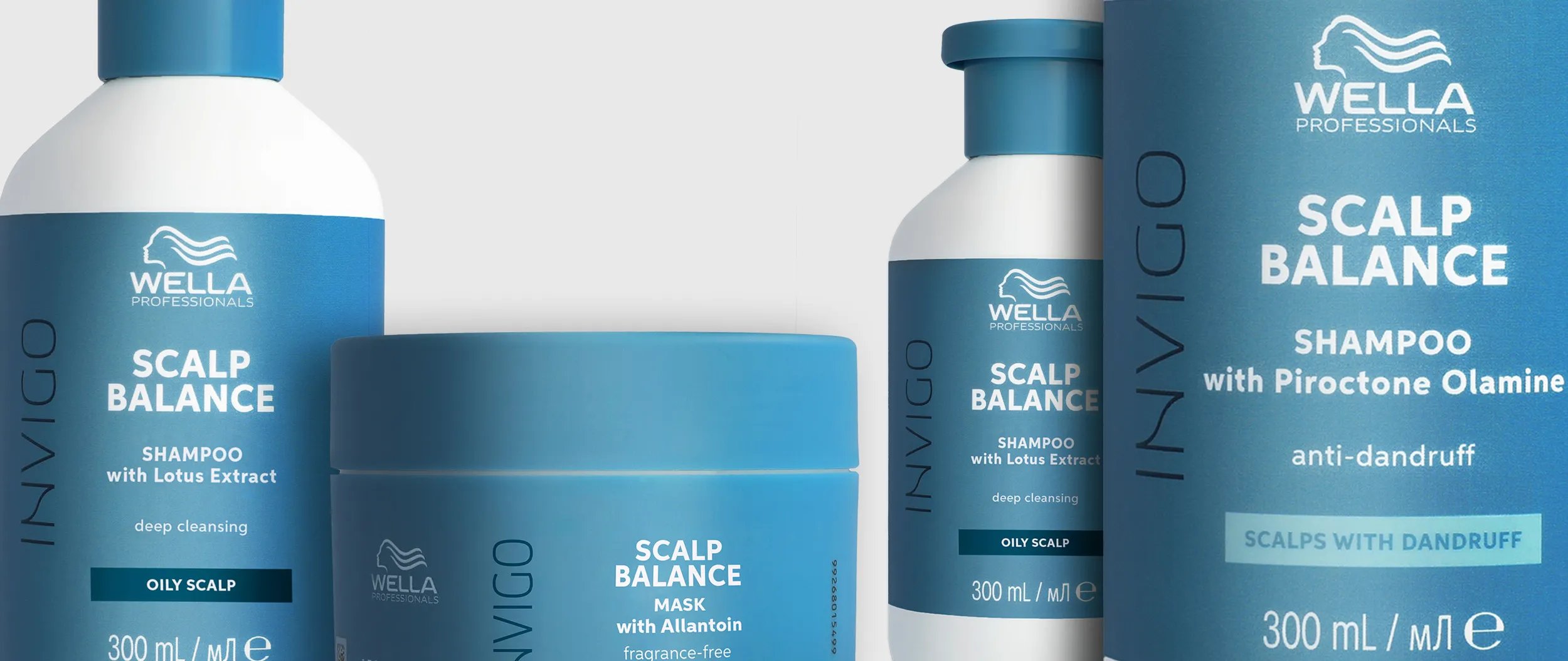 Image shows a collection of Wella INVIGO Balance shampoo, conditioner, and mask products.