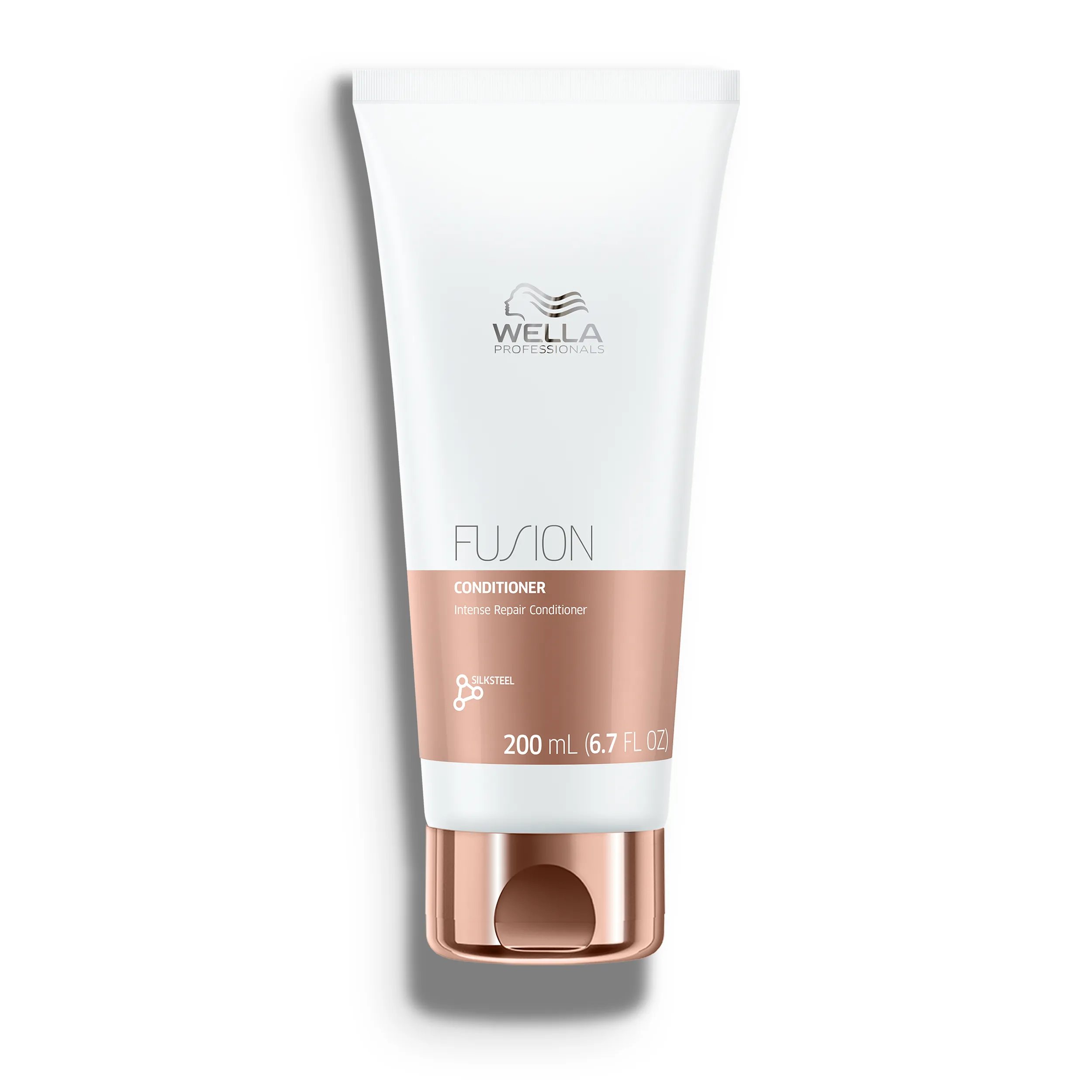 Packshot of Wella Professionals Fusion Intense Repair Conditioner - a white bottle with a bronze banner, bronze lid and silver Wella logo.