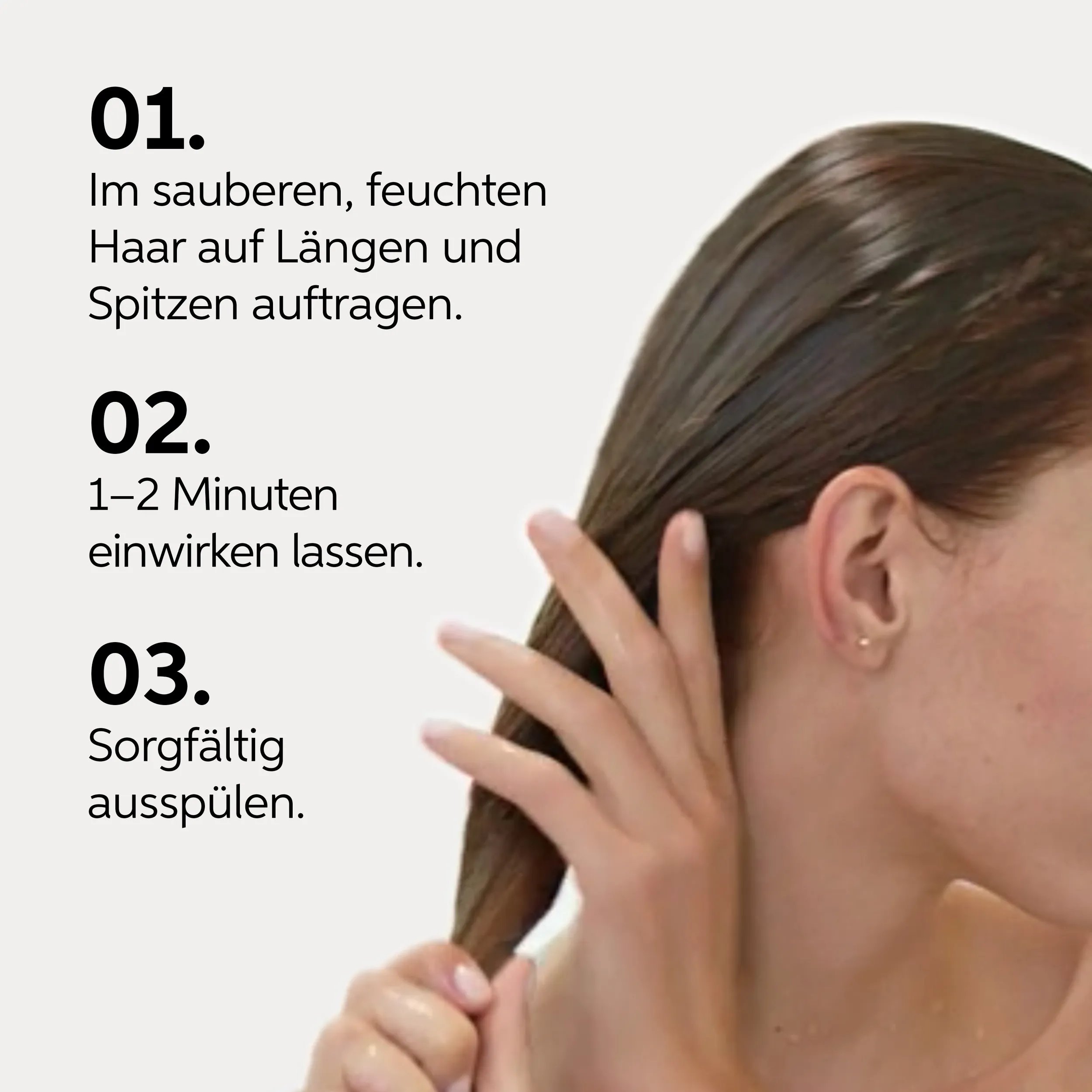 Image showing three steps for a hair treatment: apply to lengths and ends on clean damp hair, leave on for 1-2 minutes, and rinse thoroughly, with a hand touching the hair.