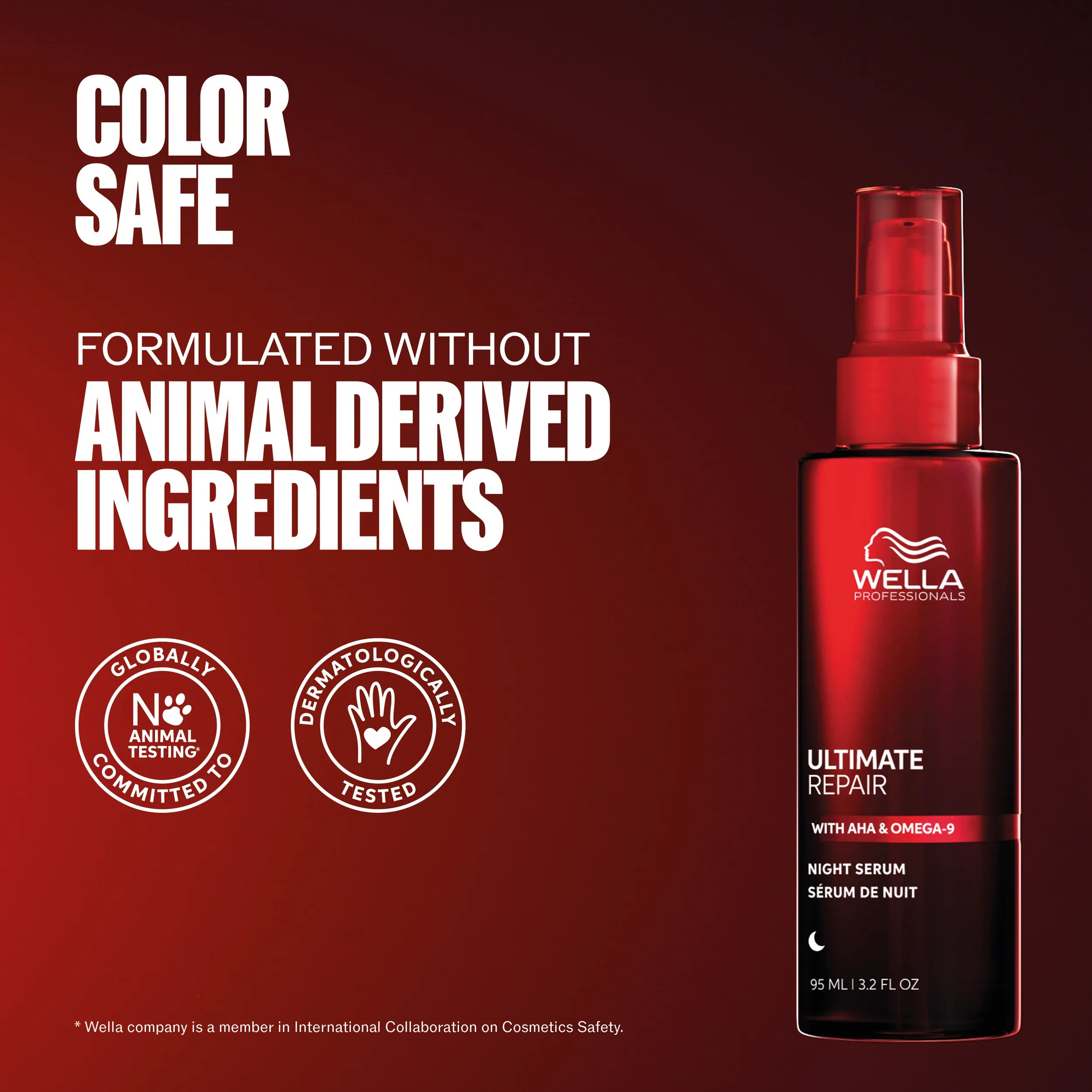 Packshot of Ultimate Repair Night Serum. Text reads color safe, formulated without animal derived ingredients.