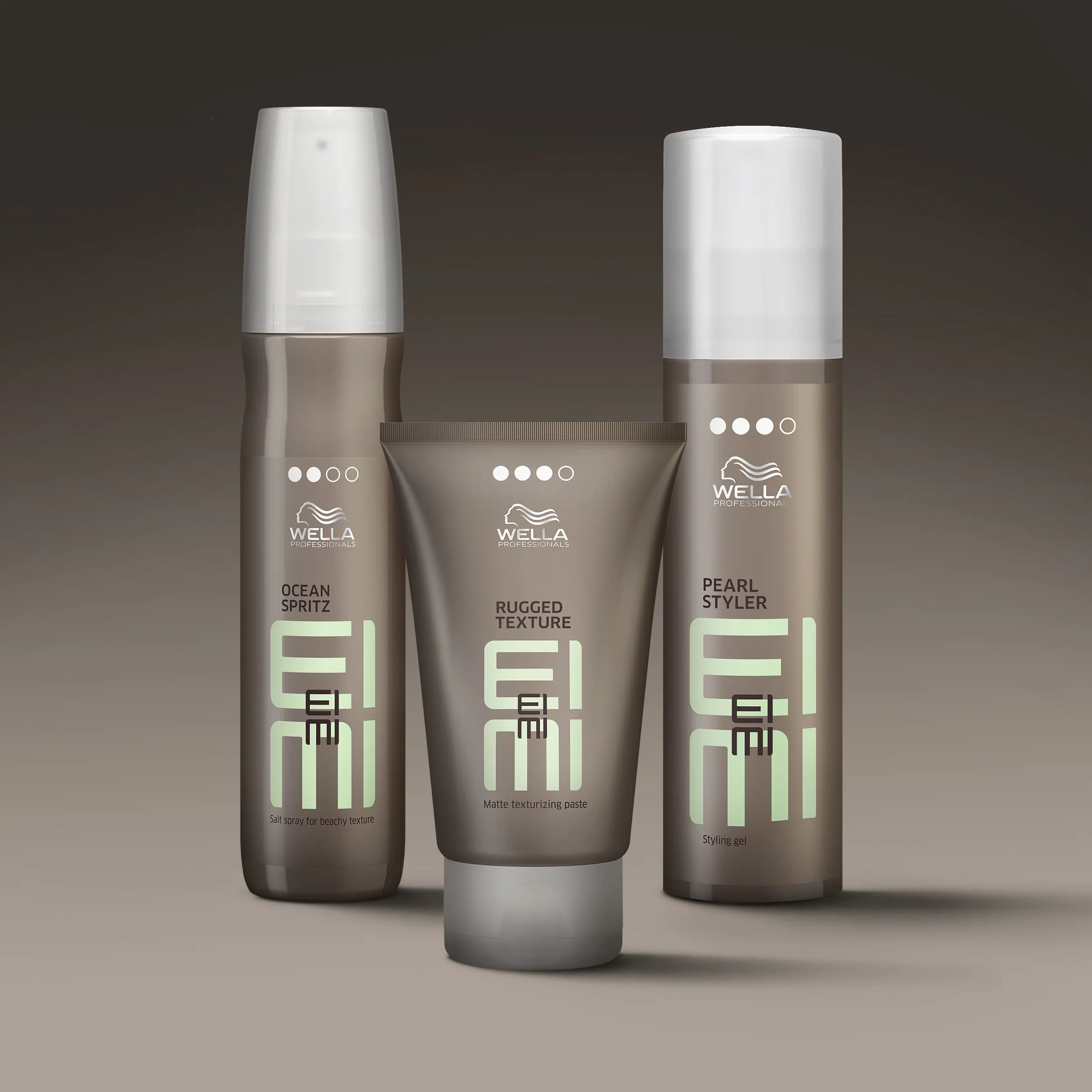 Image of Wella EIMI Ocean Spritz salt spray, Rugged Texture matte paste, and Pearl Styler styling gel.
