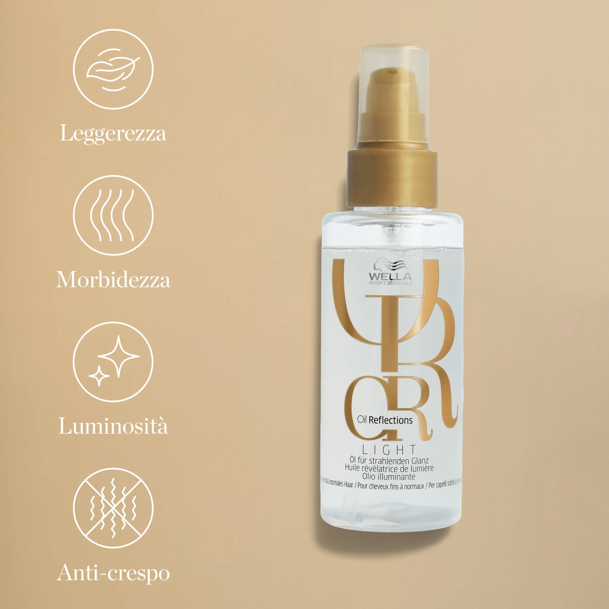 Packshot di Wella Professionals Oil Reflections Light Luminous Reflective Oil. Il testo dice: Leggerezza, morbidezza, splendore, anti-crespo.