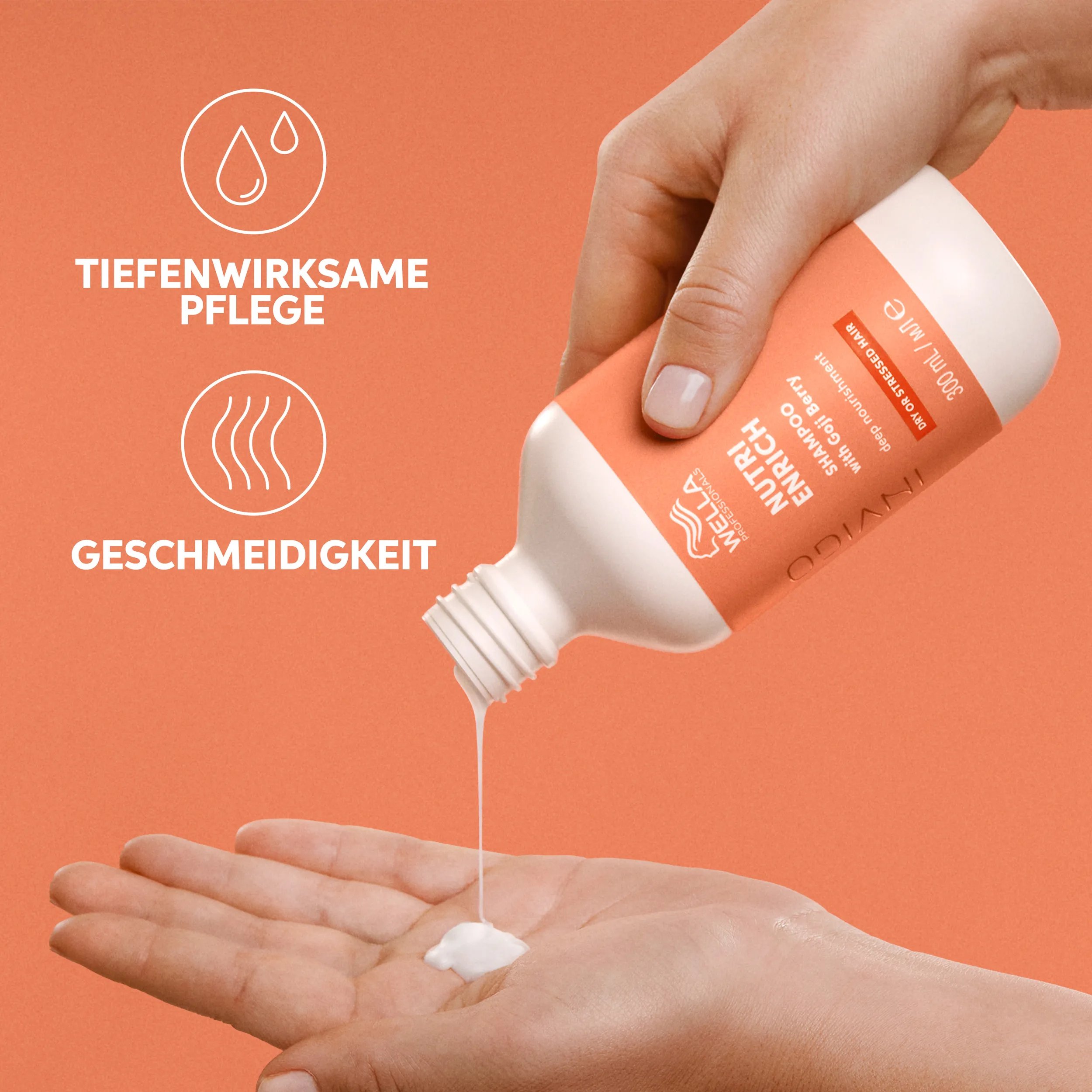 Image of a Wella Professionals Invigo Nutri-Enrich Deep Nourishing Shampoo bottle with text and icons highlighting deep nourishment, smoothness, and softness