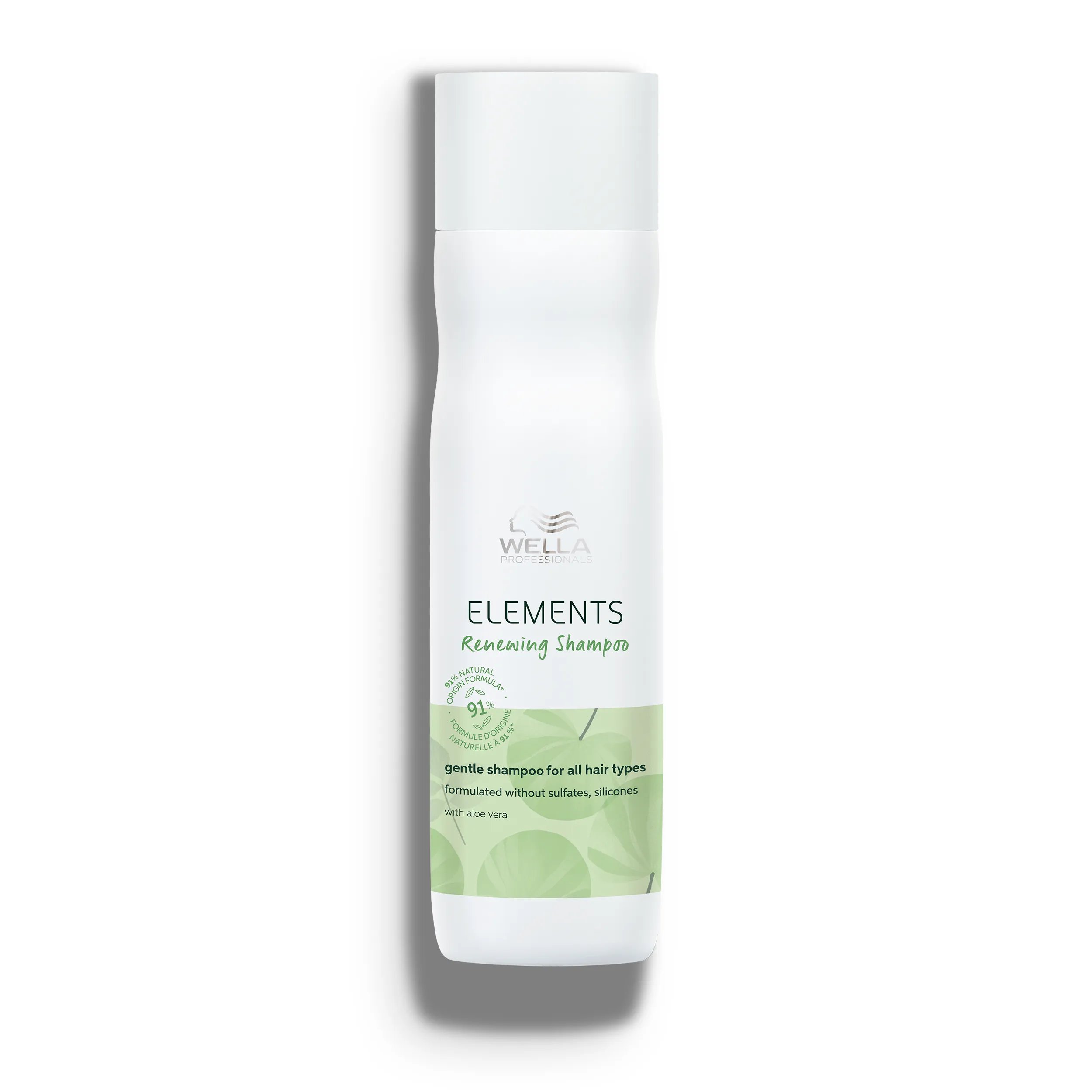 Packshot of Wella Professionals Elements Renewing Shampoo - a white bottle with green font and silver Wella logo.