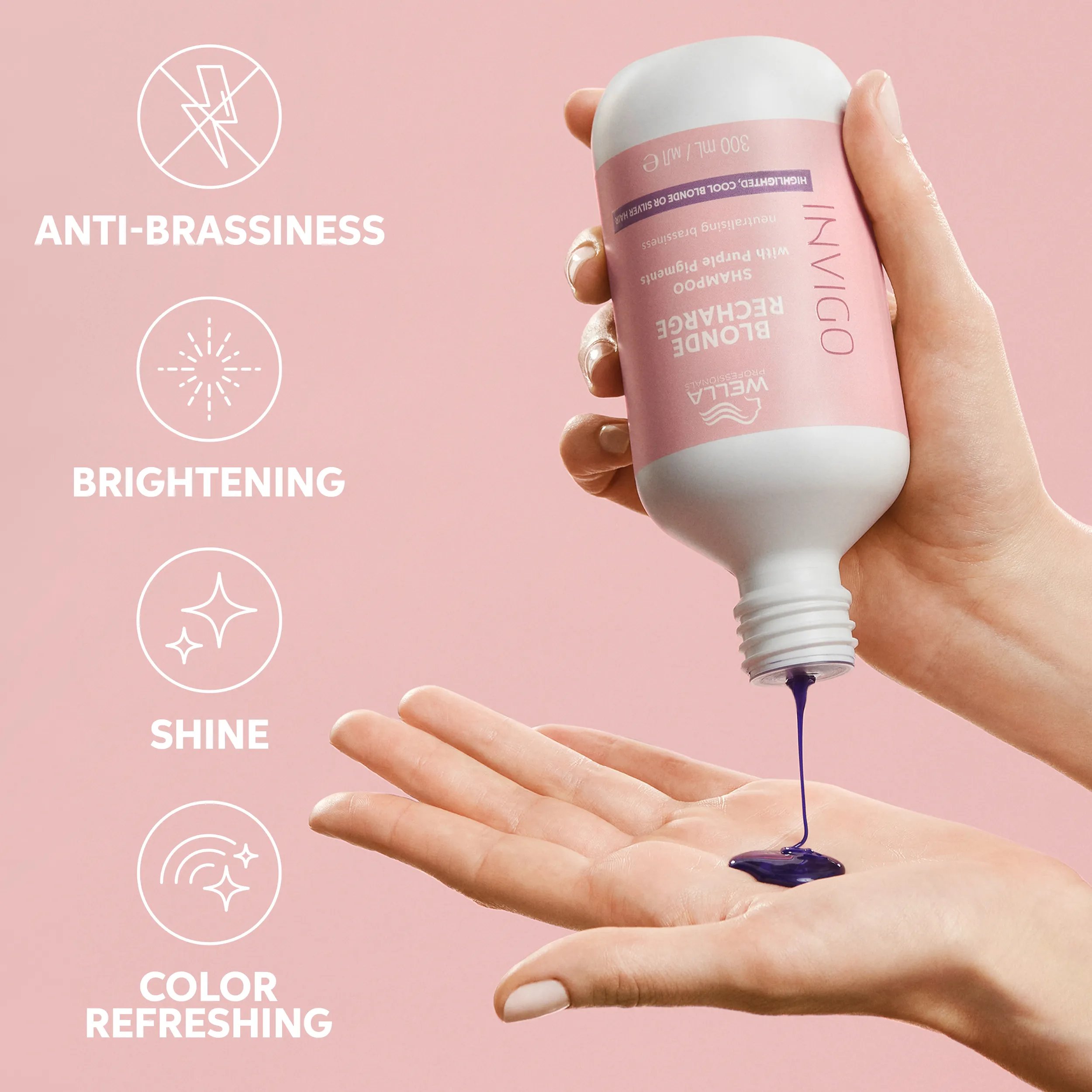 Photograph of a hand pouring the invigo blonde recharge shampoo, text detatiling benifits; anti-brassiness, brightening, shine, color refreshing.