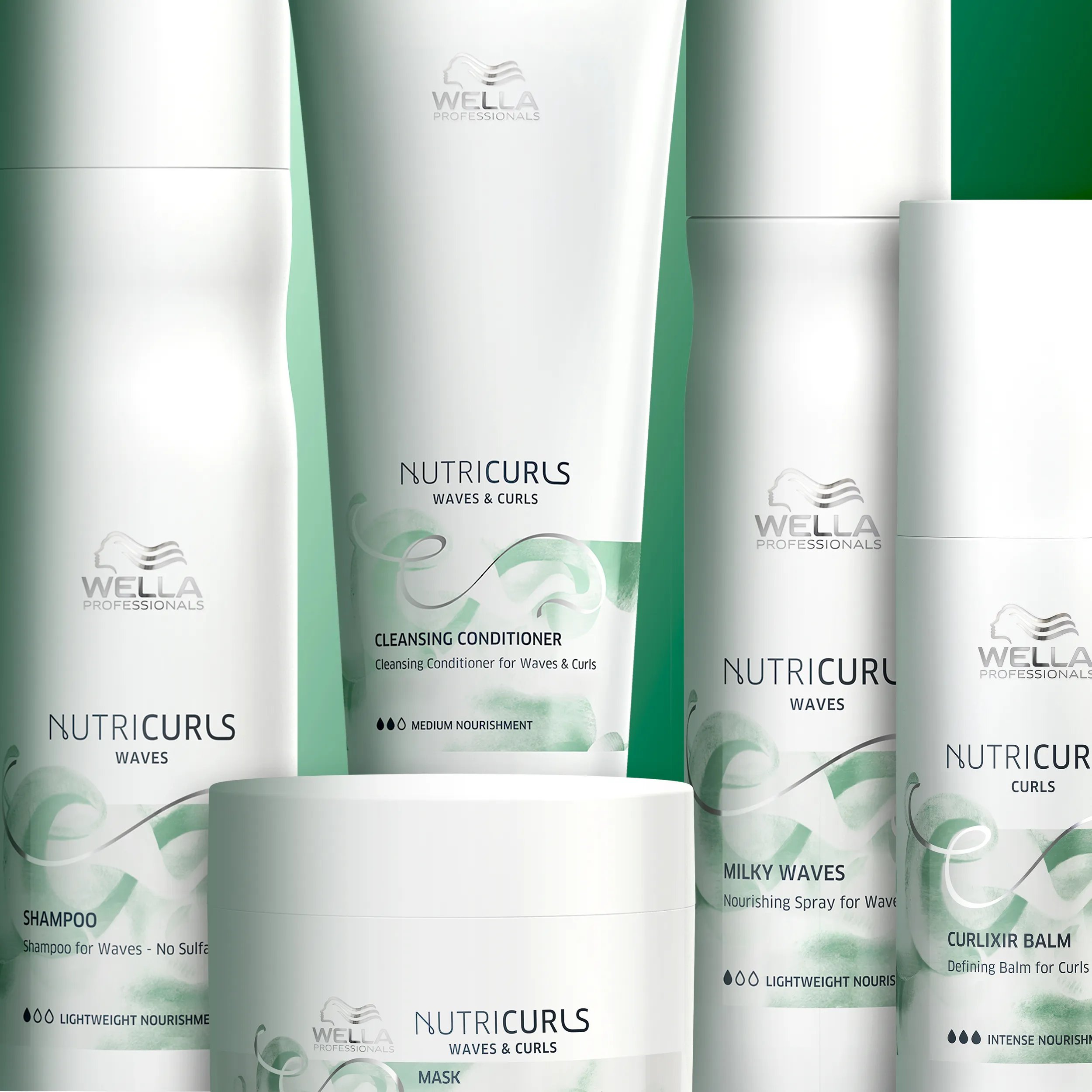 Wella NutriCurls shampoo, conditioner, mask, spray, and balm product shot.