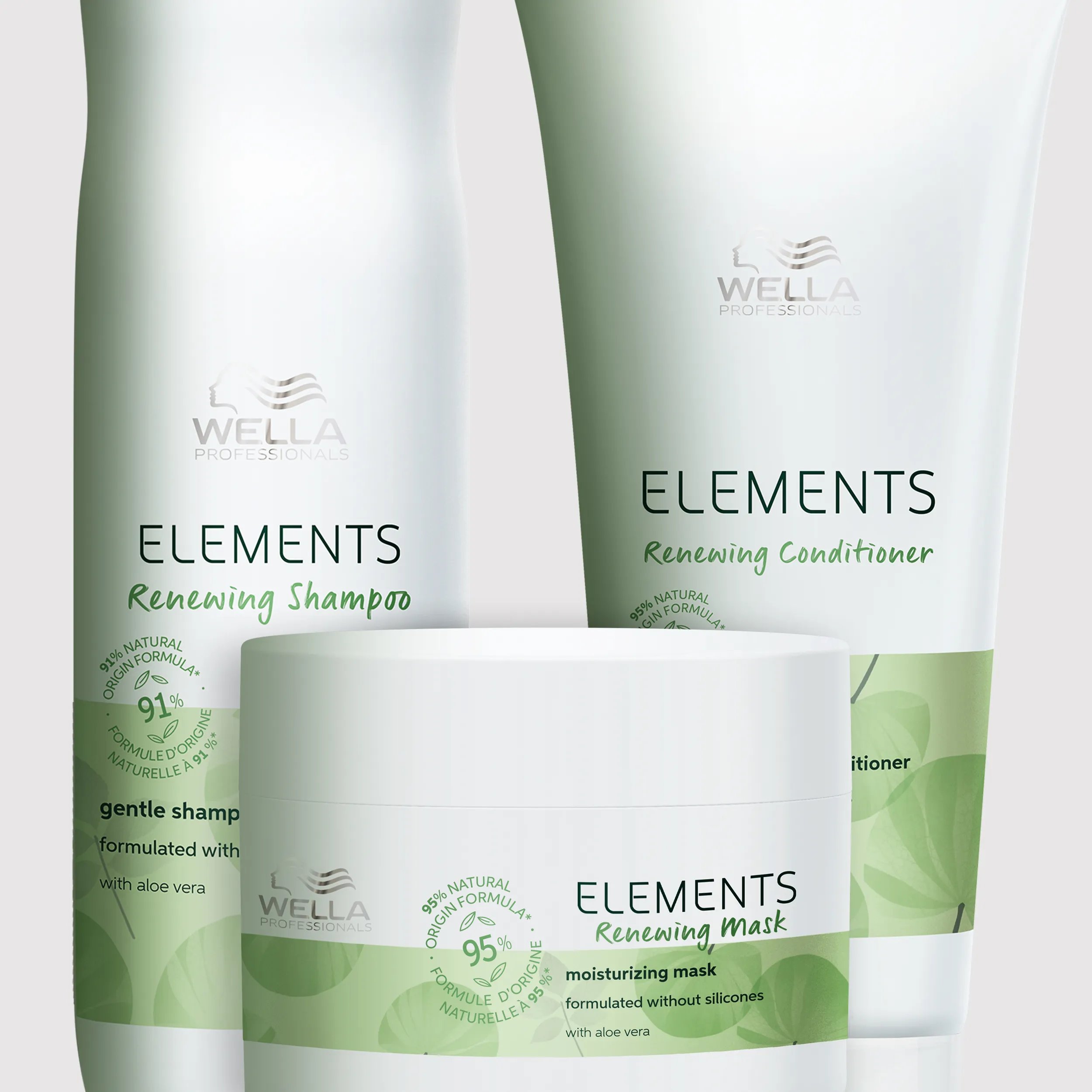 Wella Elements Renewing shampoo, conditioner, and mask product shots.