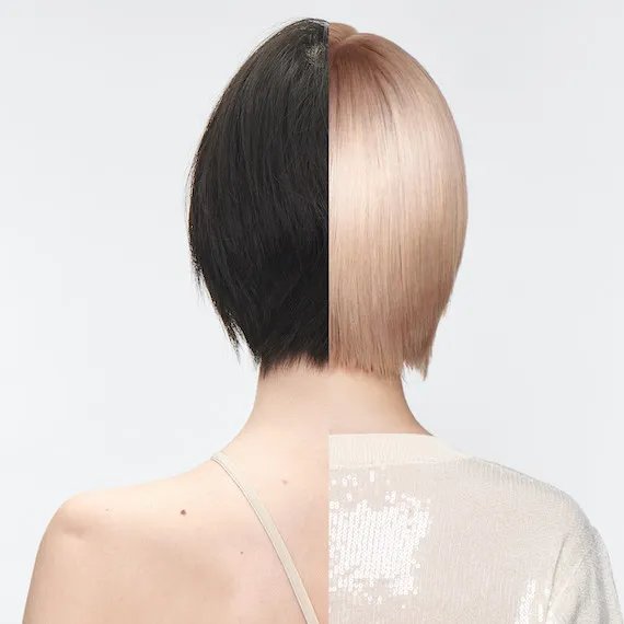 Before and after showing model’s hair transforming from dark brown to light buttery blonde with a glass finish.