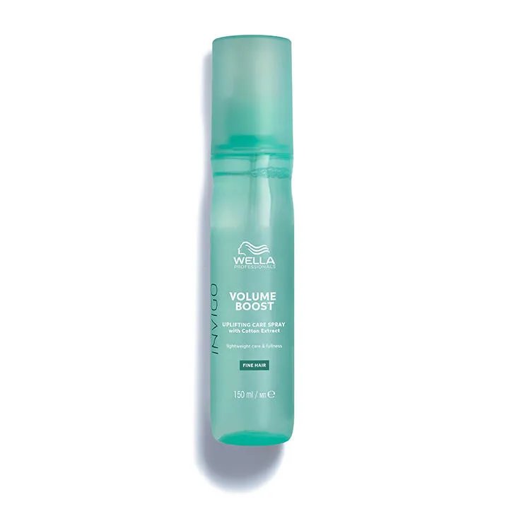 Image of a teal Wella Professionals Invigo Volume Boost Bodifying Care Spray bottle.