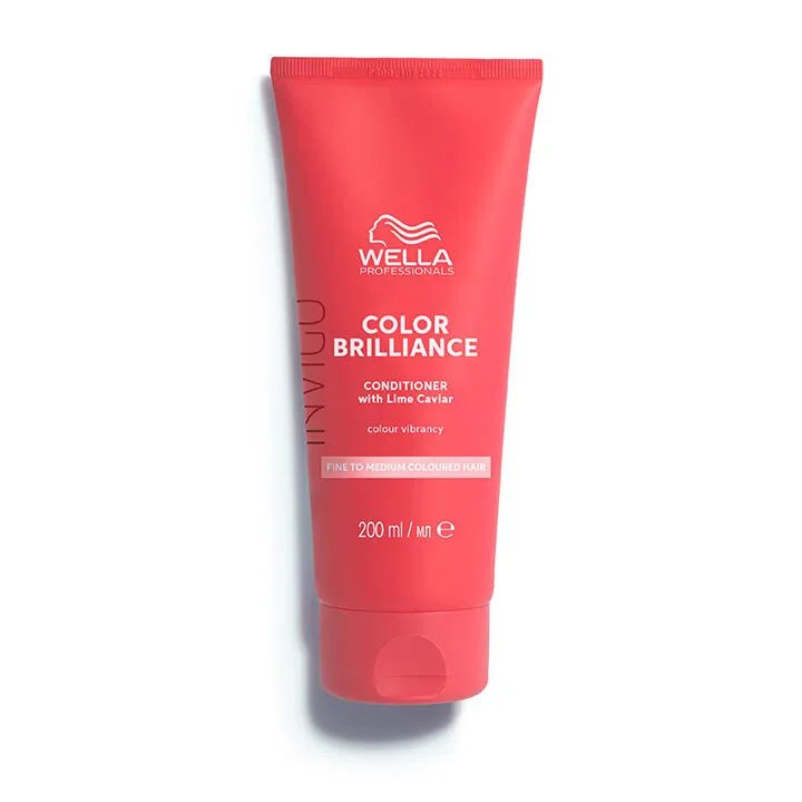 Packshot of Wella Professionals Invigo Brilliance Vibrant Color Conditioner for fine/normal hair - a red bottle with white font and a darker red Wella logo.
