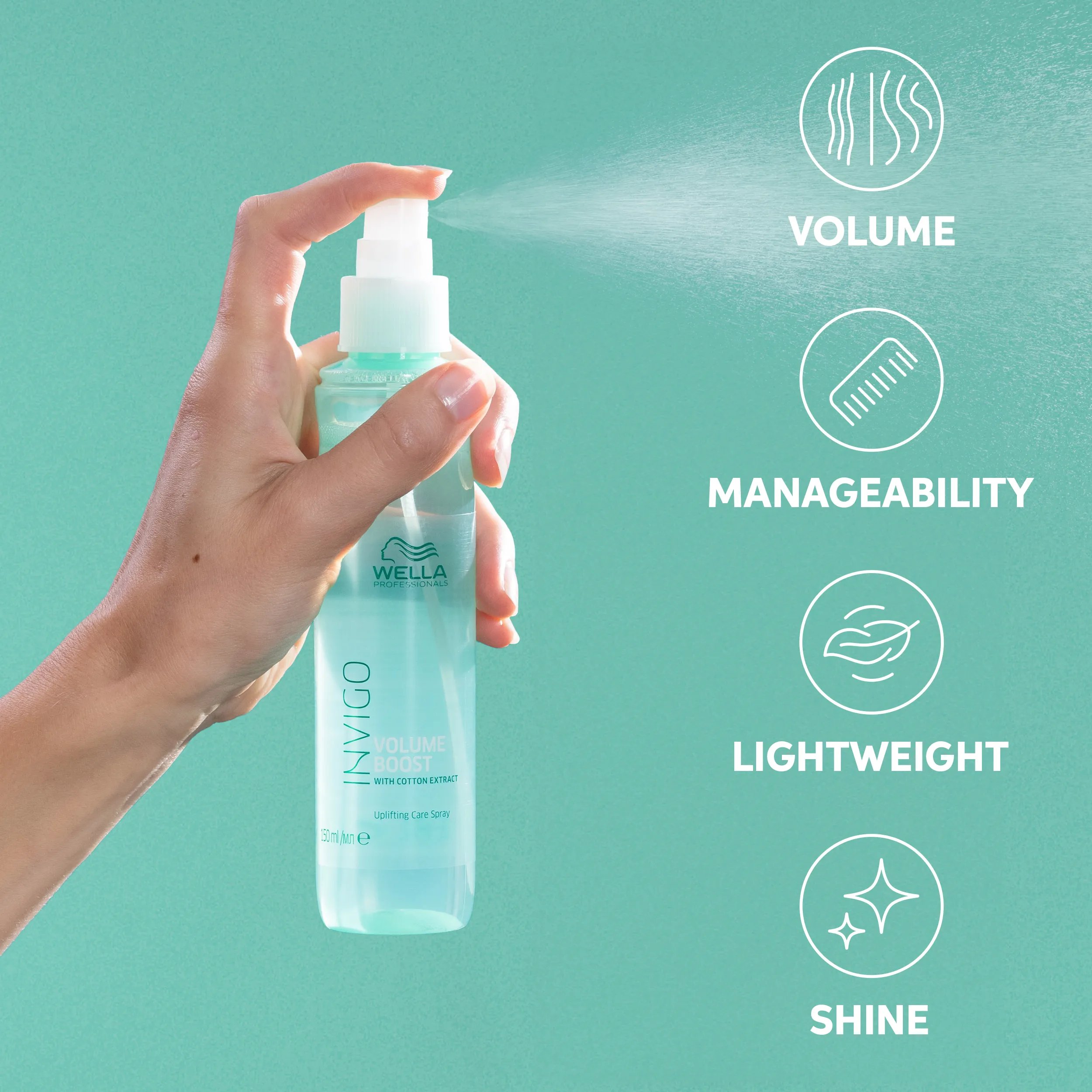 Hand spraying Wella Professionals Invigo Volume Boost Care Spray, highlighting benefits.