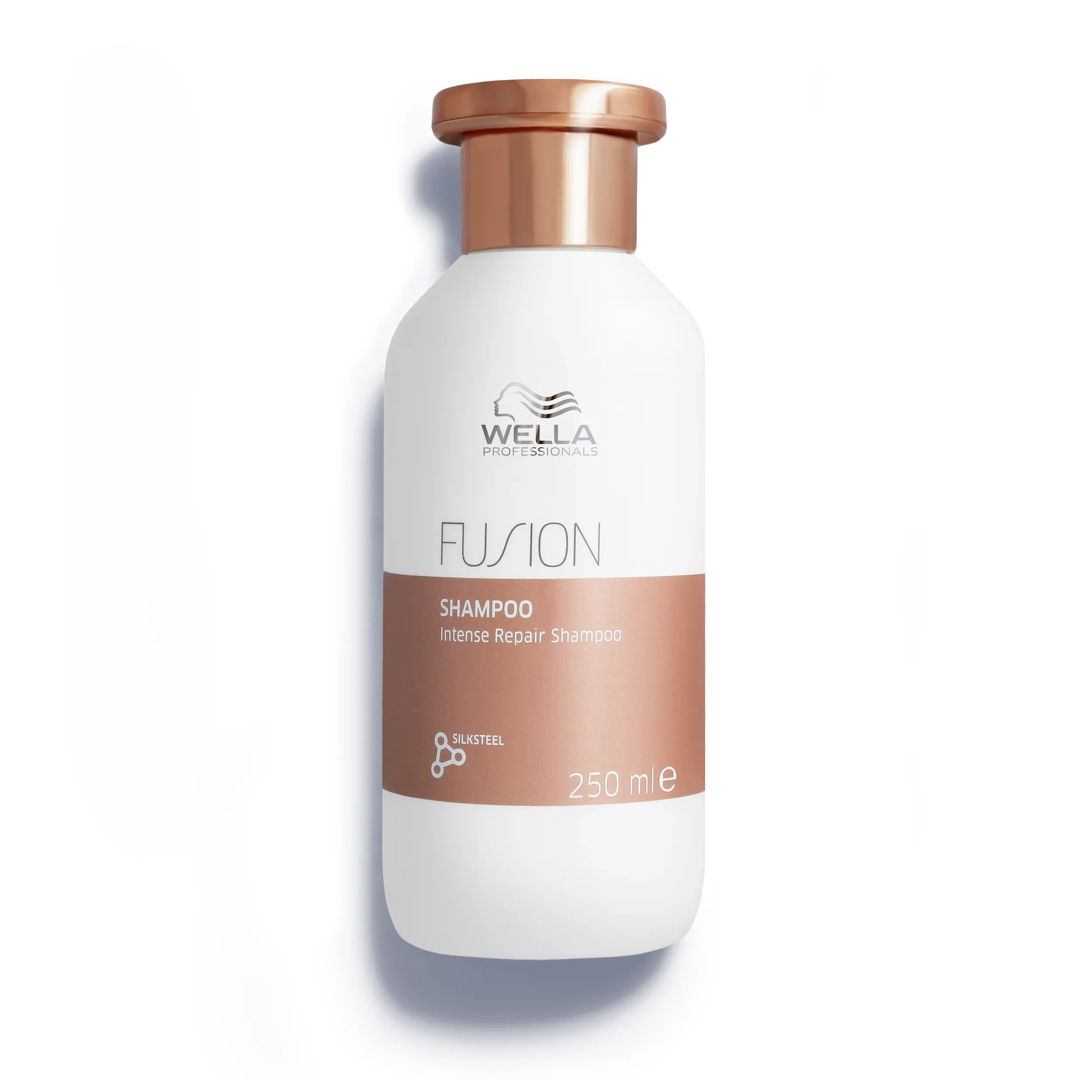 Packshot of Wella Professionals Fusion Intense Repair Shampoo - a white bottle with a bronze banner, bronze lid and silver Wella logo.