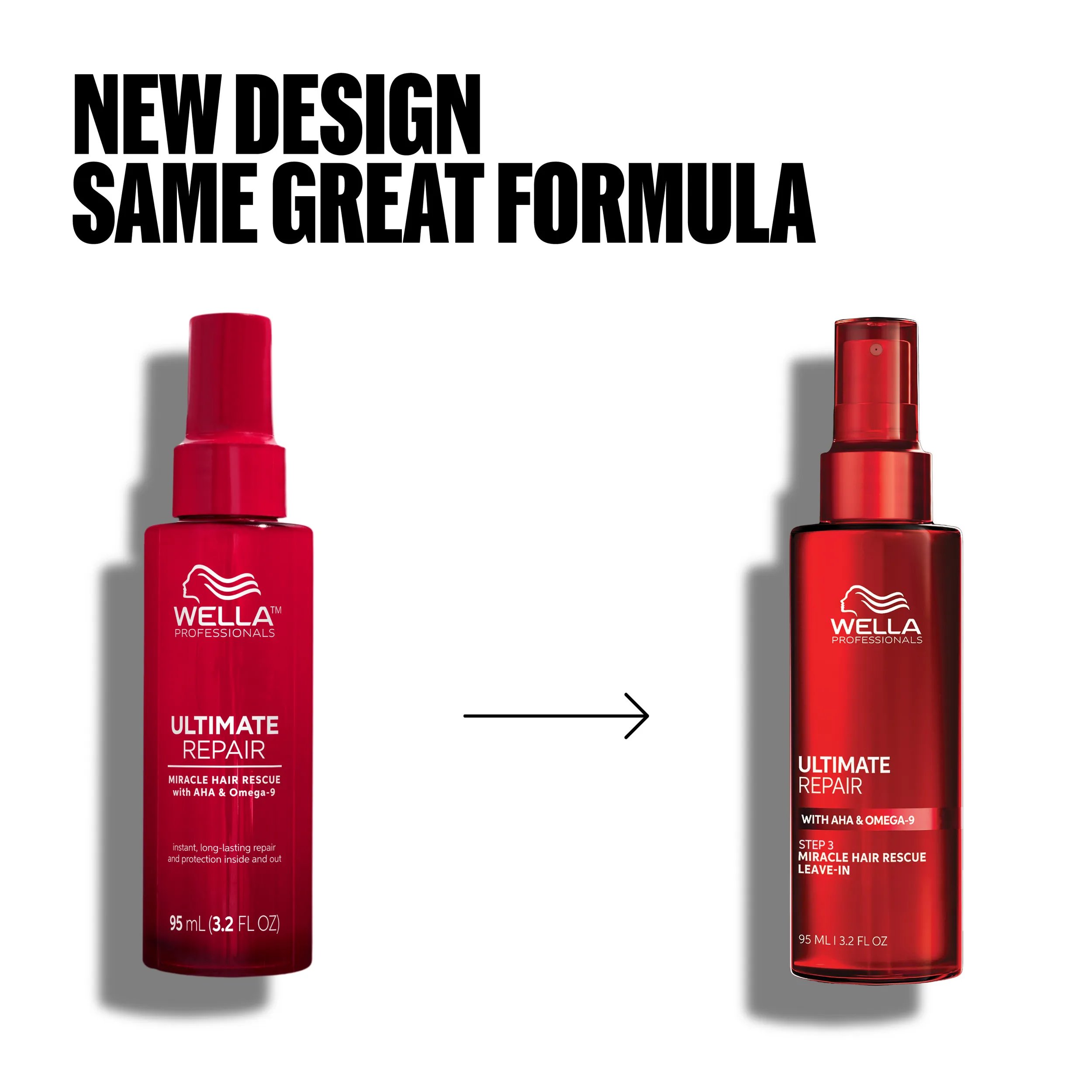 Pack image of Wella Miracle Hair Rescue Serum. Shows old packaging and new packaging. Text reads new design same great formula.