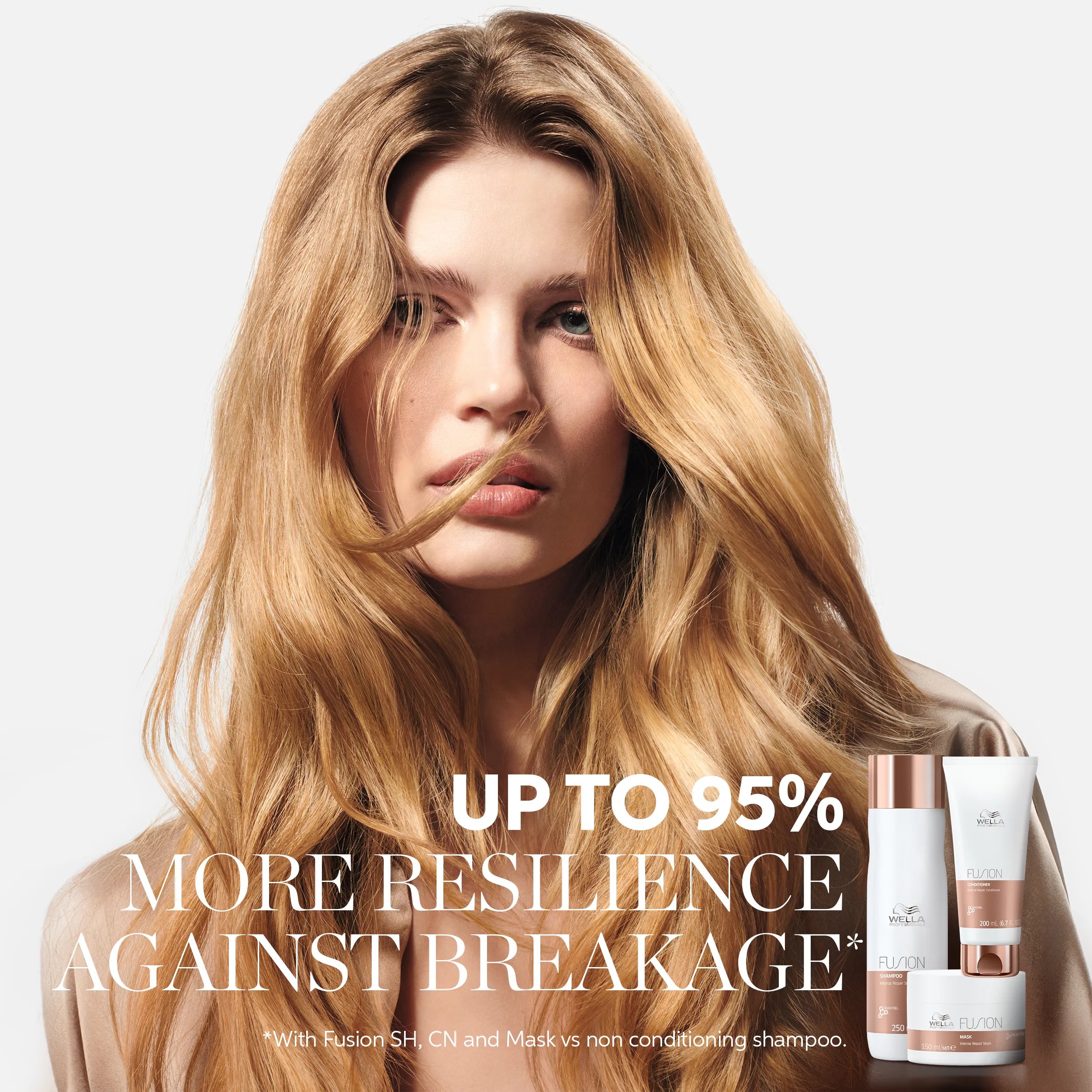 Image of a young female model with tousled long peachy-blonde hair, with text overlaid saying 'up to 95% more resilience against breakage* *with Fusion SH, CN and Mask vs non-conditioning shampoo.'