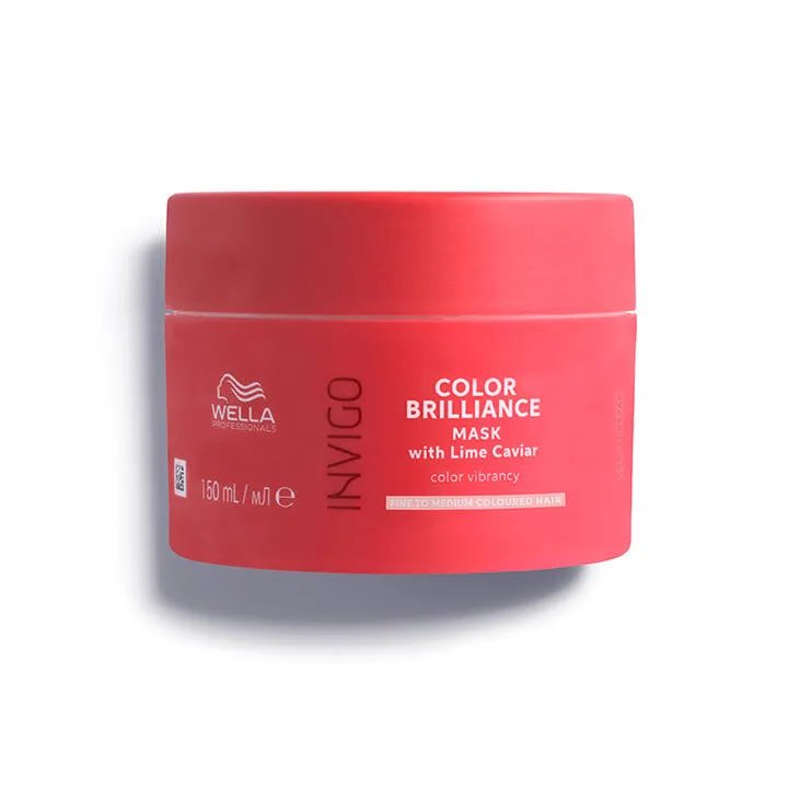 Packshot of Wella Professionals Invigo Brilliance Vibrant Color Mask for fine/normal hair - a red tub with white font and a darker red Wella logo.