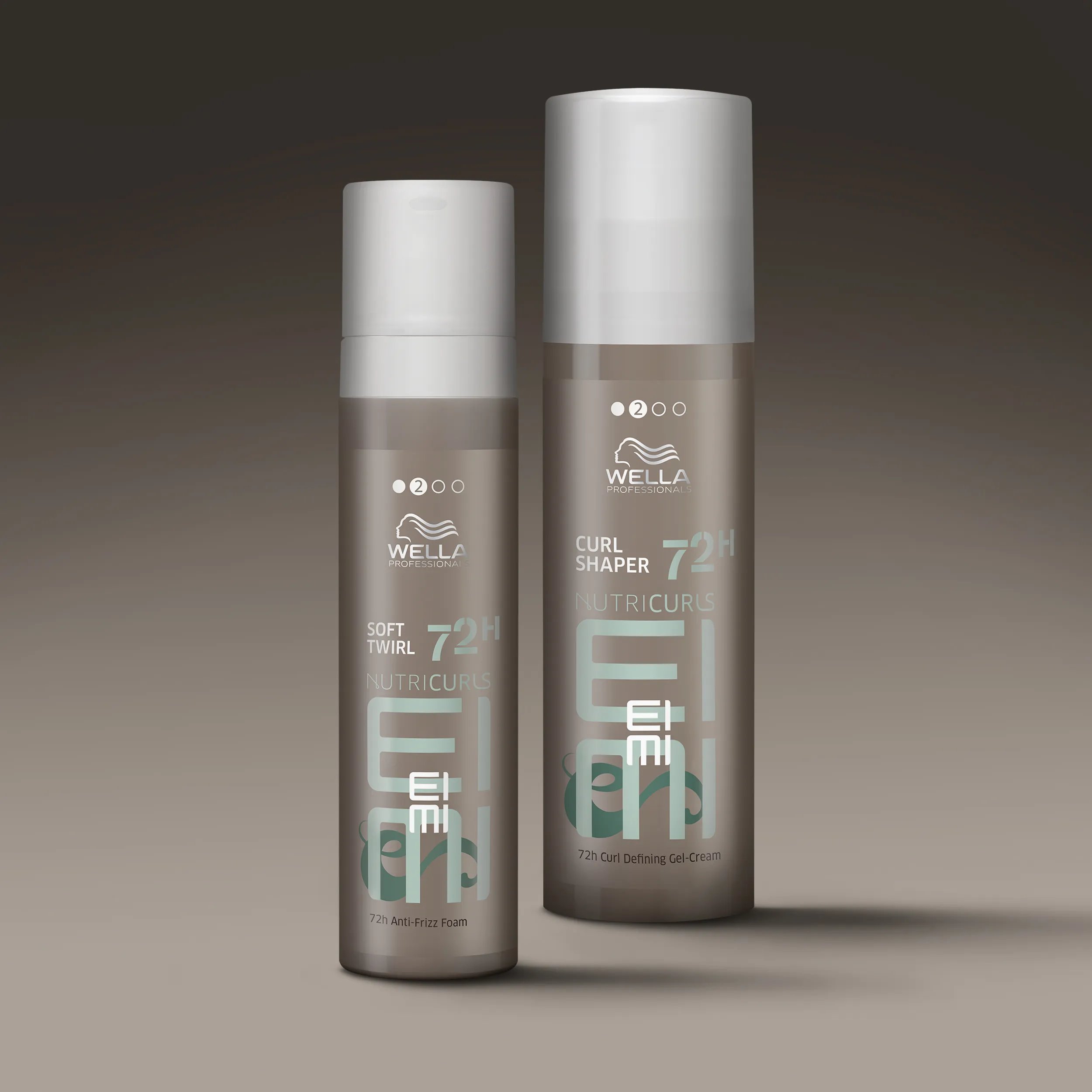 Two Wella EIMI Nutricurl hair product bottles.