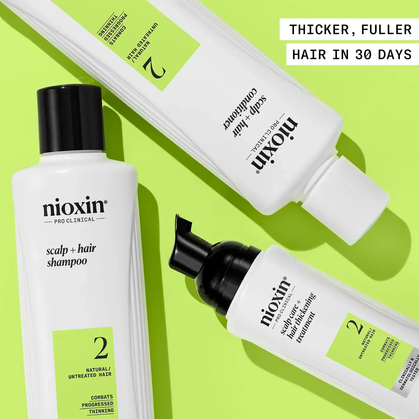 Nioxin System 2 Kit products laid on lime green background