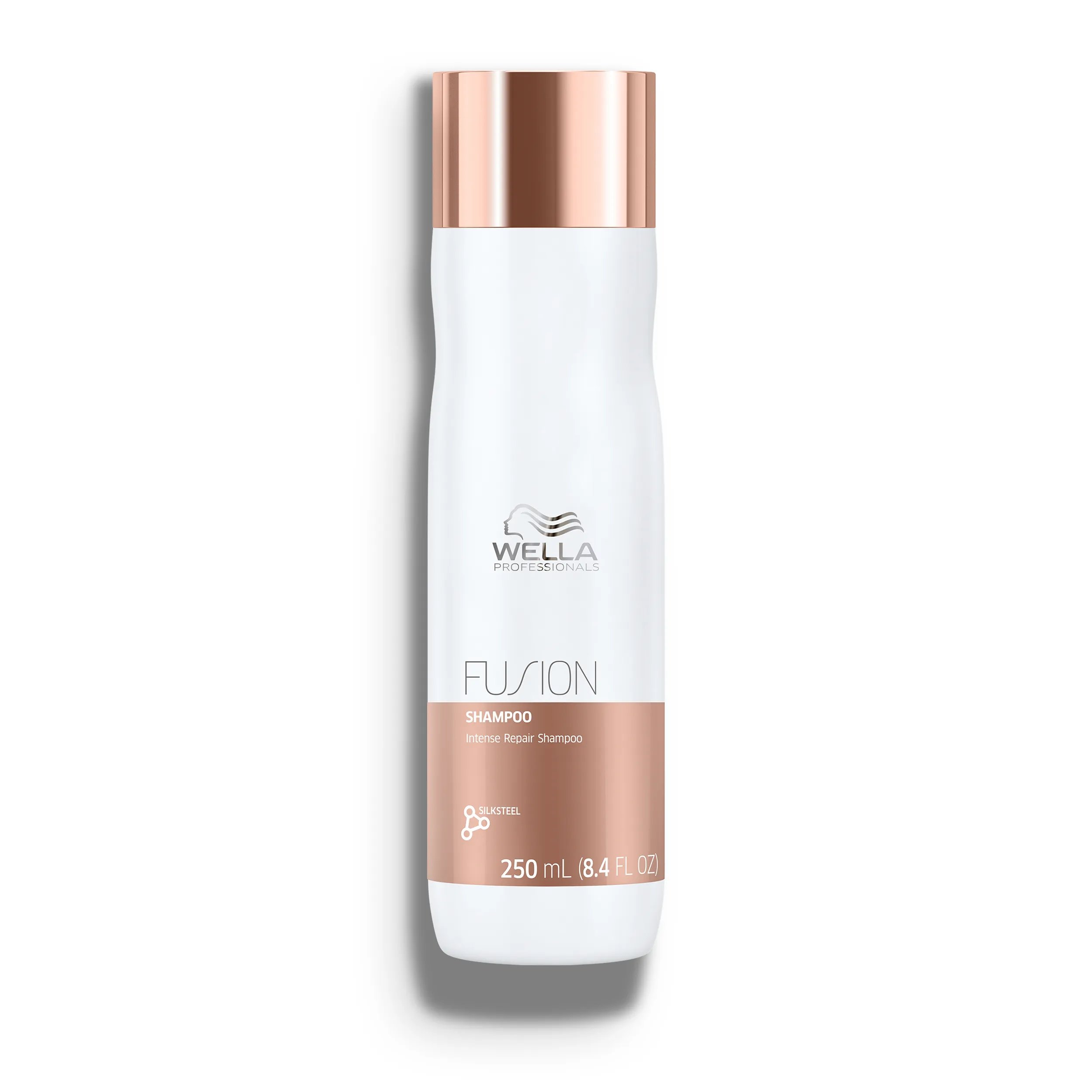 Packshot of Wella Professionals Fusion Intense Repair Shampoo - a white bottle with a bronze banner, bronze lid and silver Wella logo.