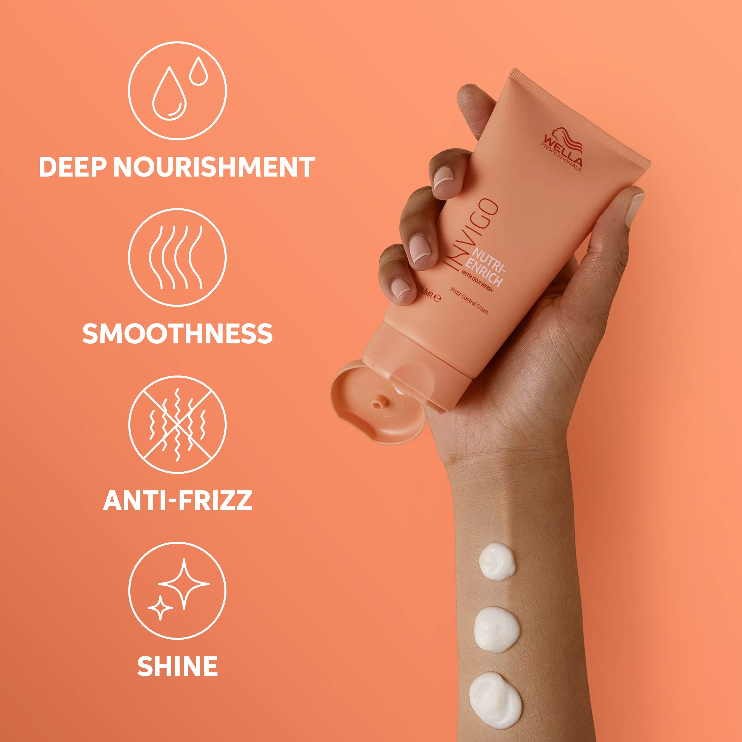 Photograph of a woman's arm holding Invigo Nutri-Enrich Frizz Control Cream, with blobs of the hair product up her arm, beside text which says 'deep nourishment, smoothness, anti-frizz & shine'.