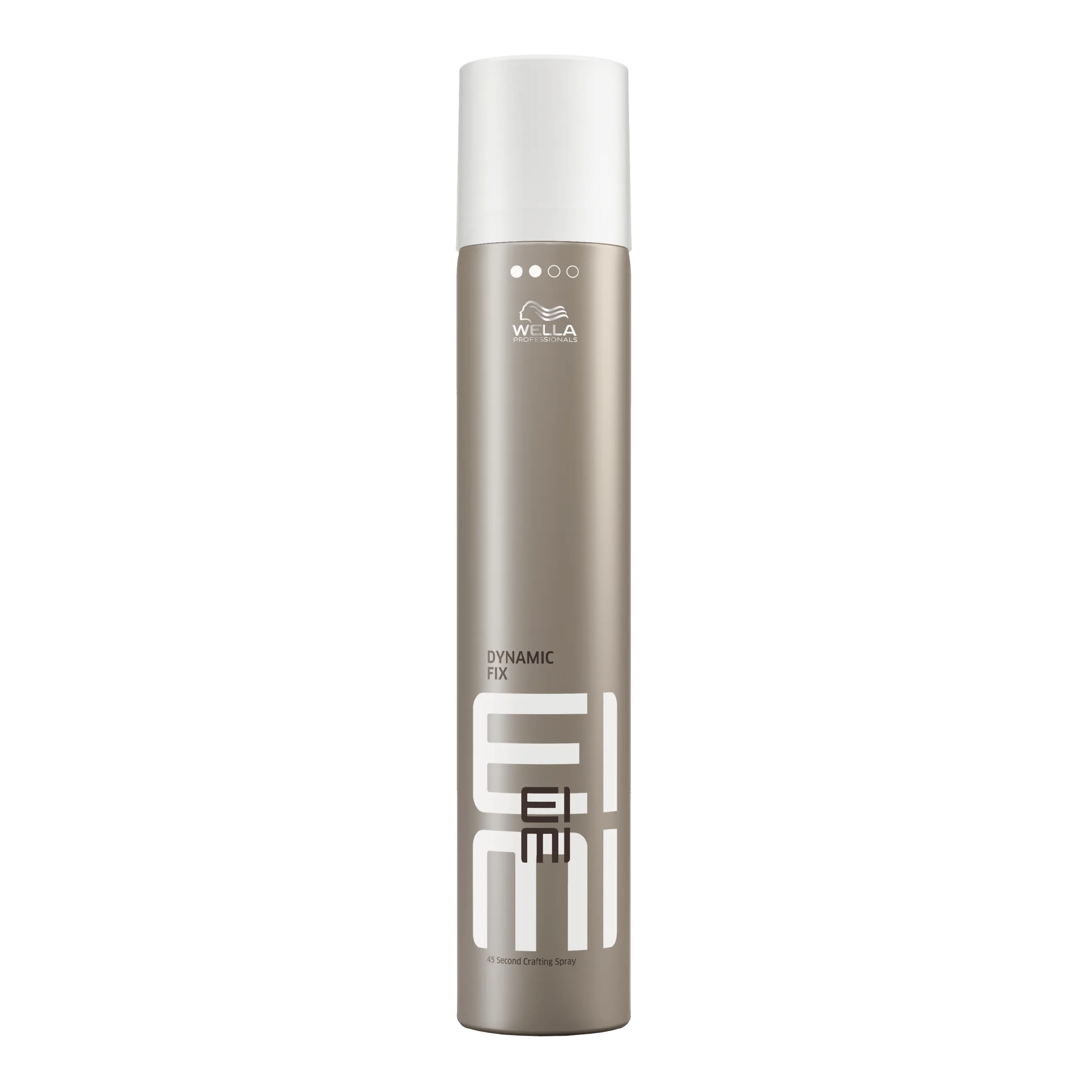 Wella EIMI Dynamic fix packshot - a silver bottle with a white lid and White EIMI logo.