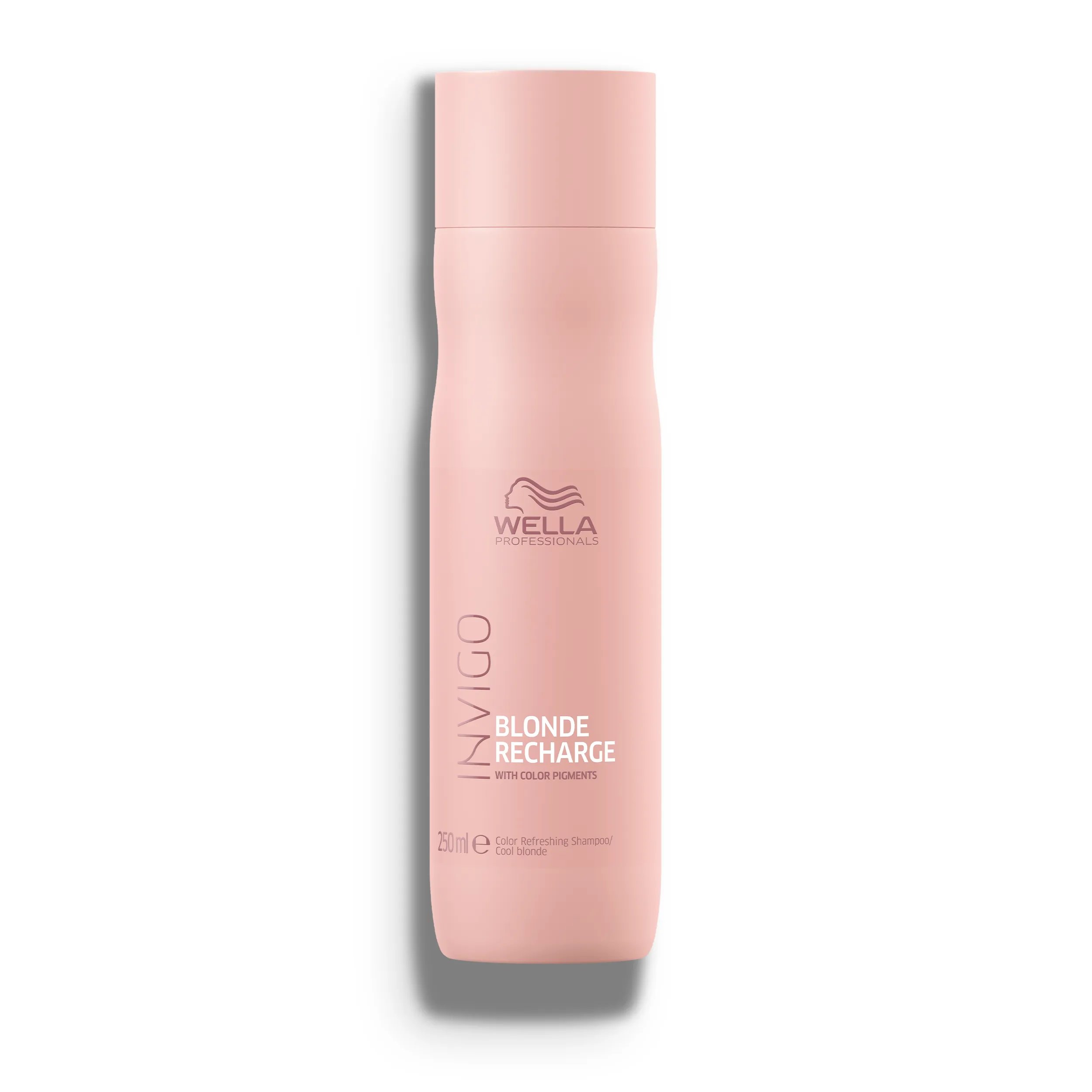 pack shot of Invigo Blonde Recharge Color Refreshing Shampoo pink bottle