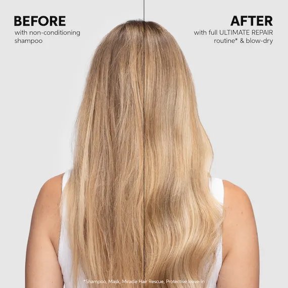 Before and after comparison of hair treated with Wella Professionals ULTIMATE REPAIR products, showing visibly smoother hair on the right side.