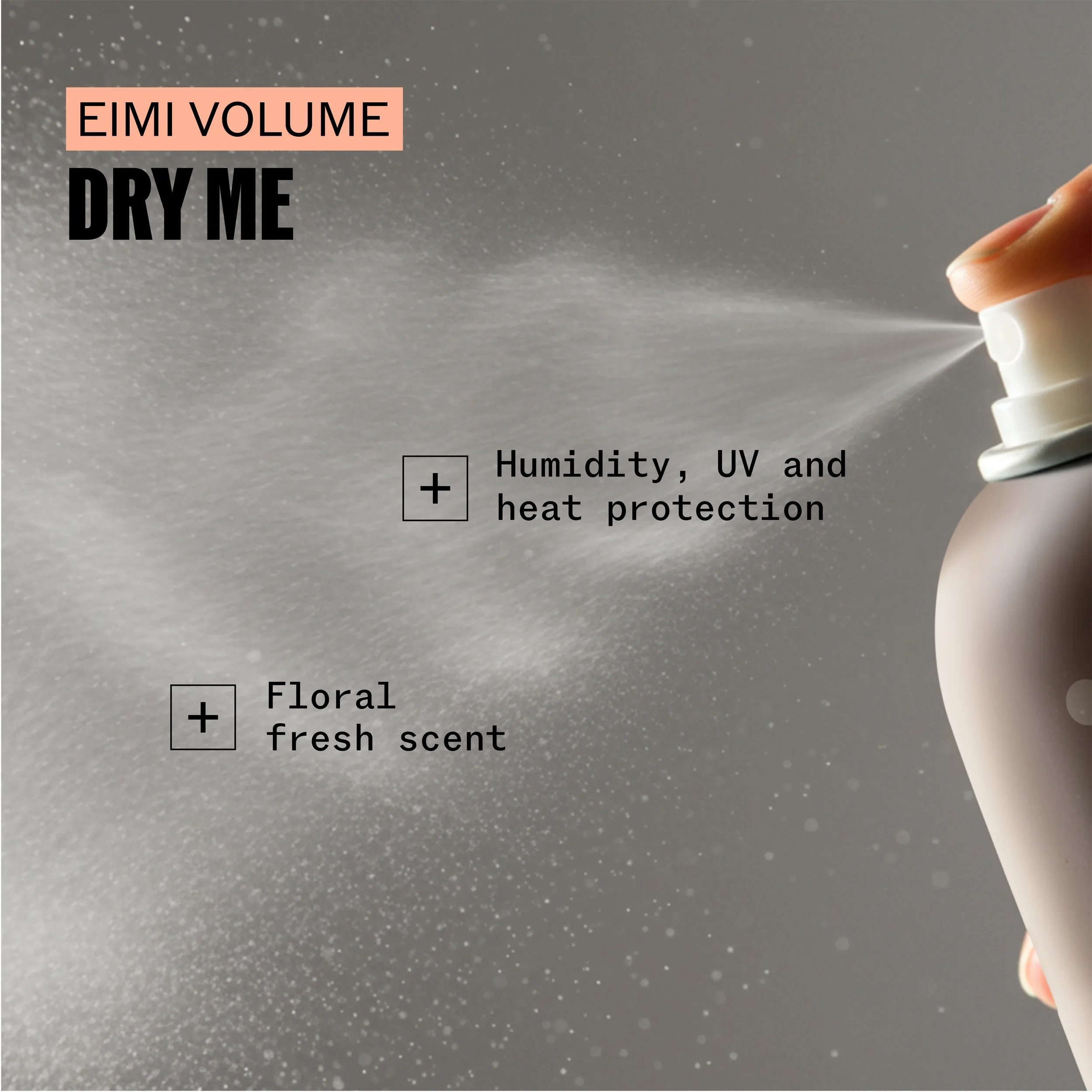 Close-up of an aerosol can of Wella EIMI Dry Me being sprayed.