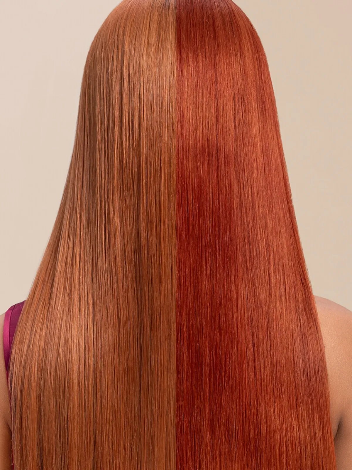 Before and after showing model’s light red hair appear bright and vibrant after using Color Fresh Mask in Copper Glow.